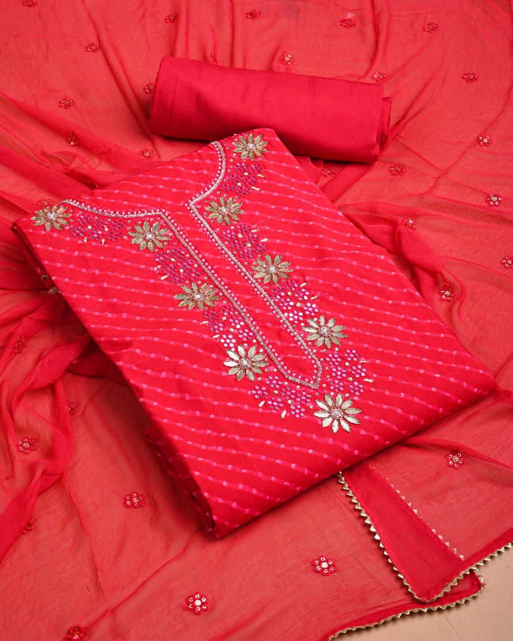 Premium Muslin Suit with Jardozi Neck & Chiffon/Modal Silk Dupatta (BCTMSCFG05)