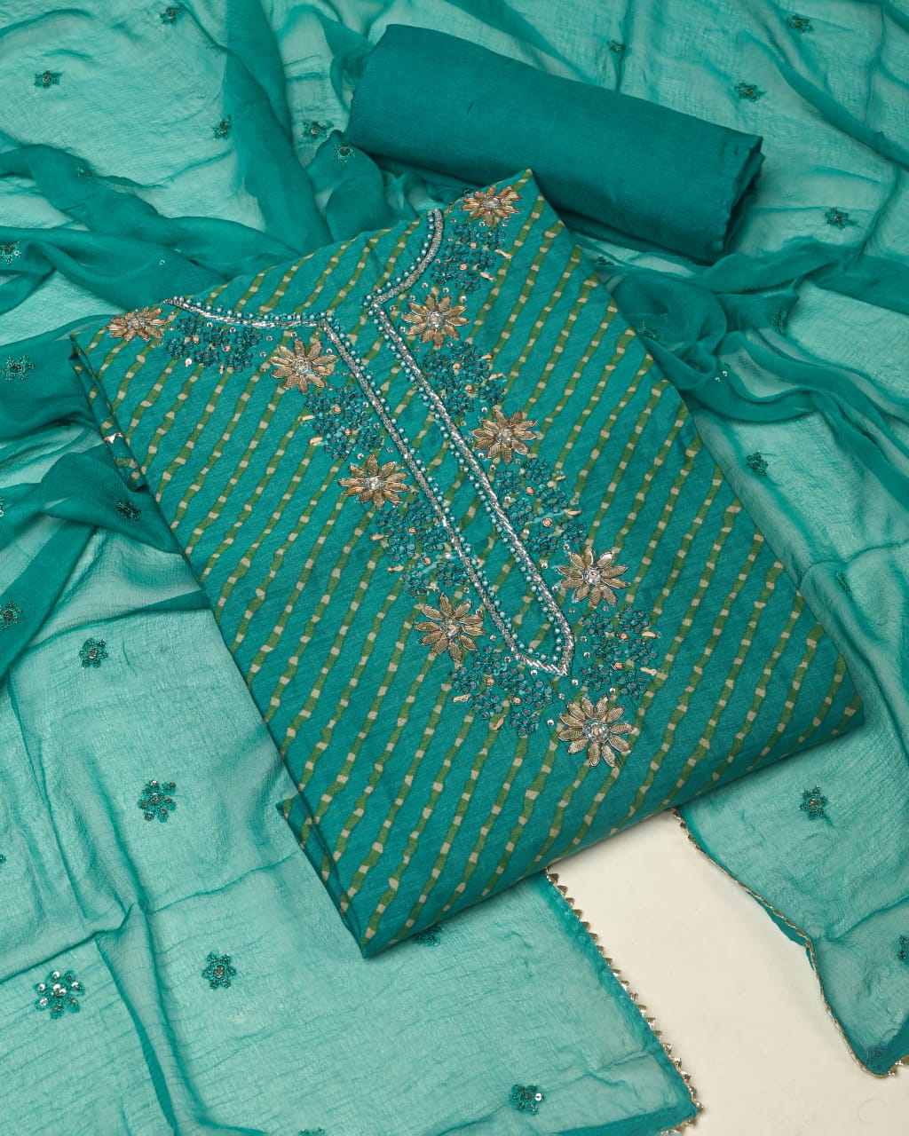 Premium Muslin Suit with Jardozi Neck & Chiffon/Modal Silk Dupatta (BCTMSCFG07)