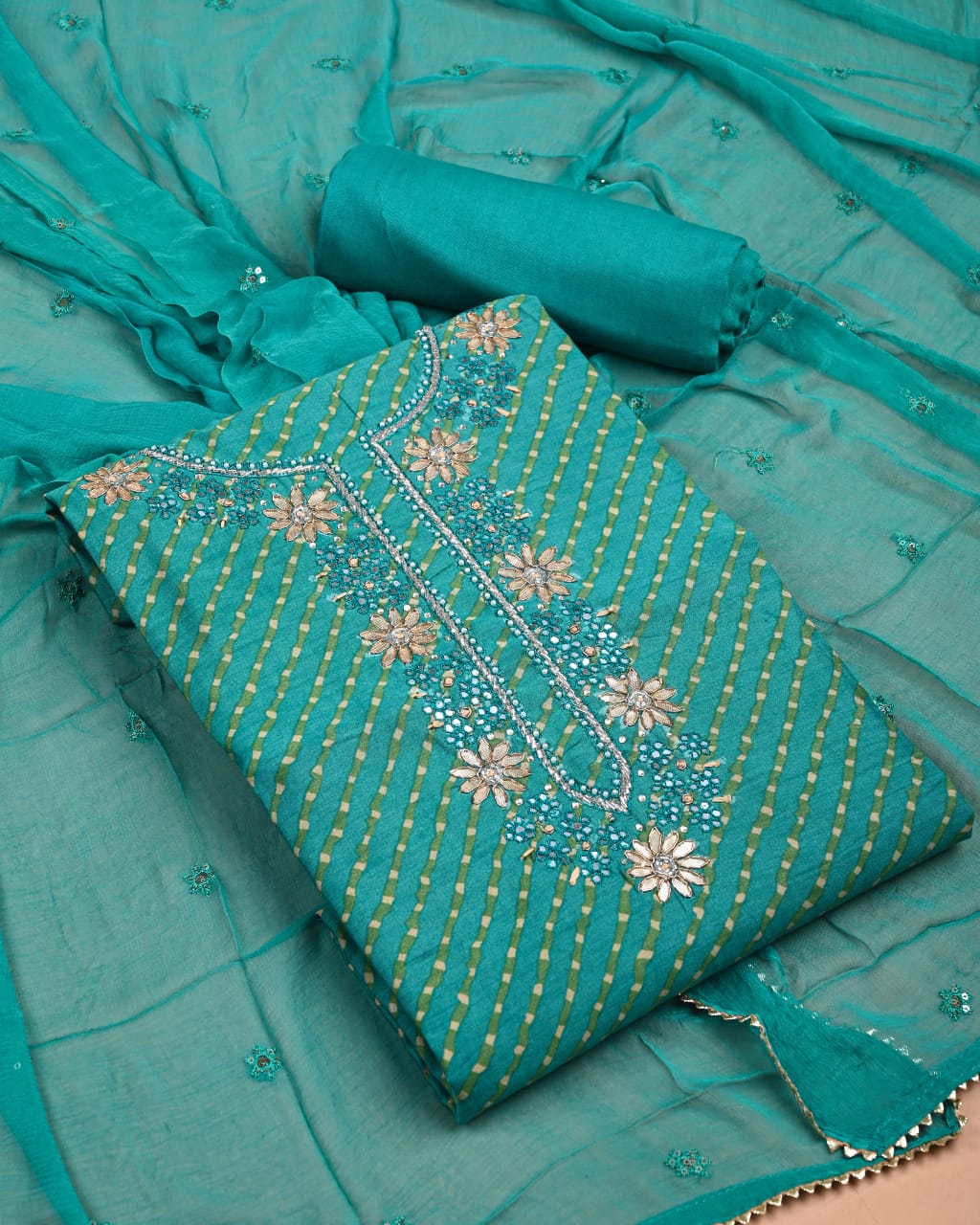 Premium Muslin Suit with Jardozi Neck & Chiffon/Modal Silk Dupatta (BCTMSCFG09)