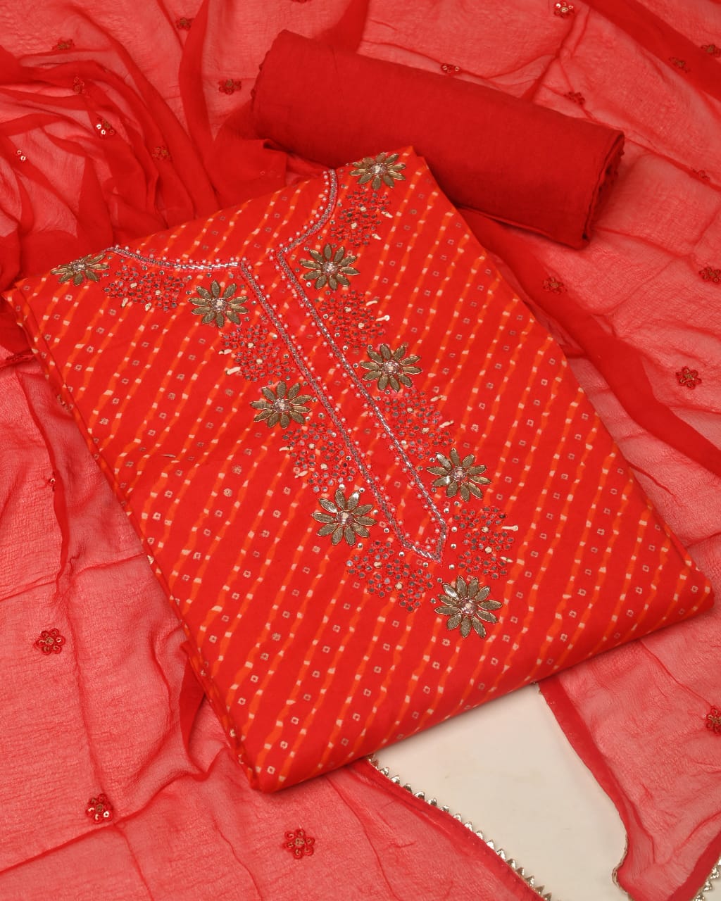 Premium Muslin Suit with Jardozi Neck & Chiffon/Modal Silk Dupatta (BCTMSCFG10)