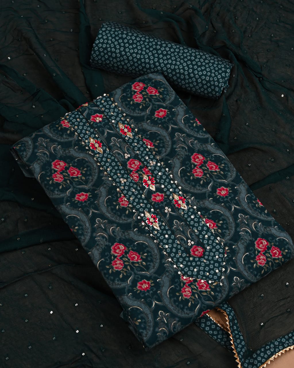 Premium Muslin Suit with Jardozi Neck & Chiffon/Modal Silk Dupatta (BCTMSCFG12)