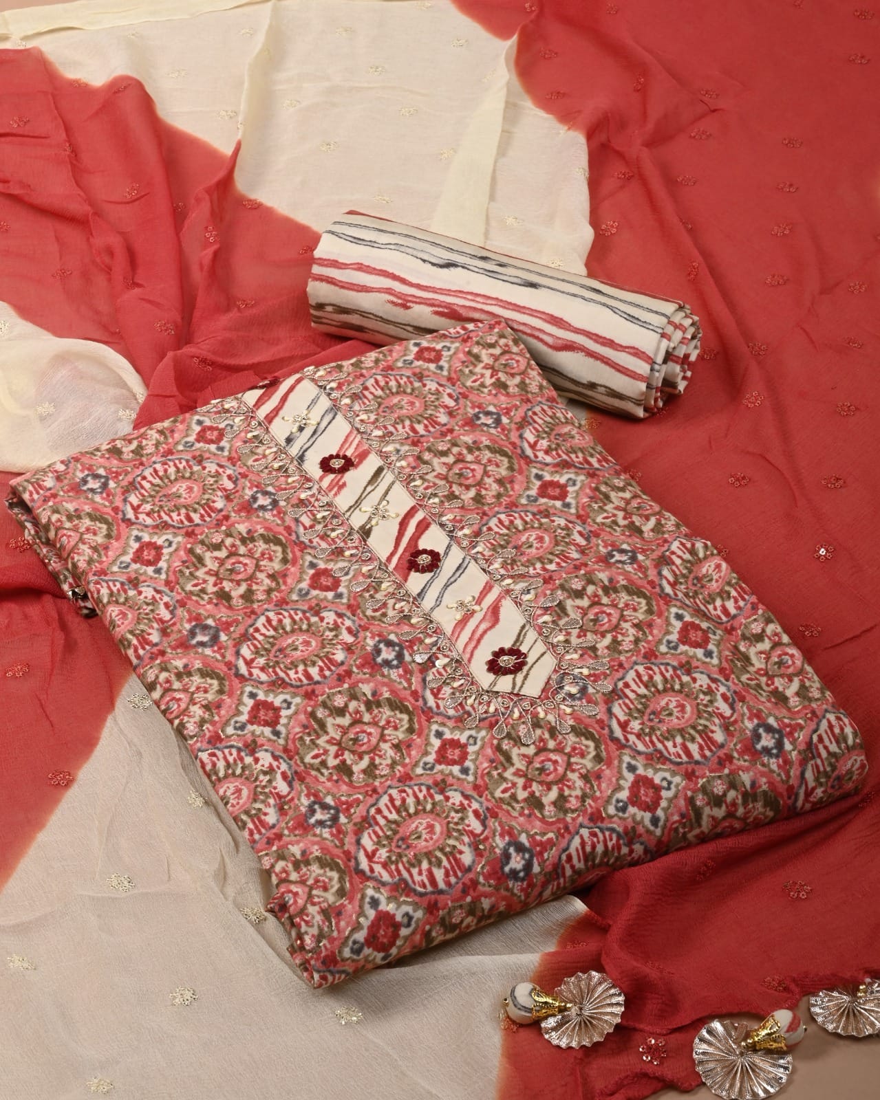 Premium Muslin Suit with Jardozi Neck & Chiffon/Modal Silk Dupatta (BCTMSCFG14)