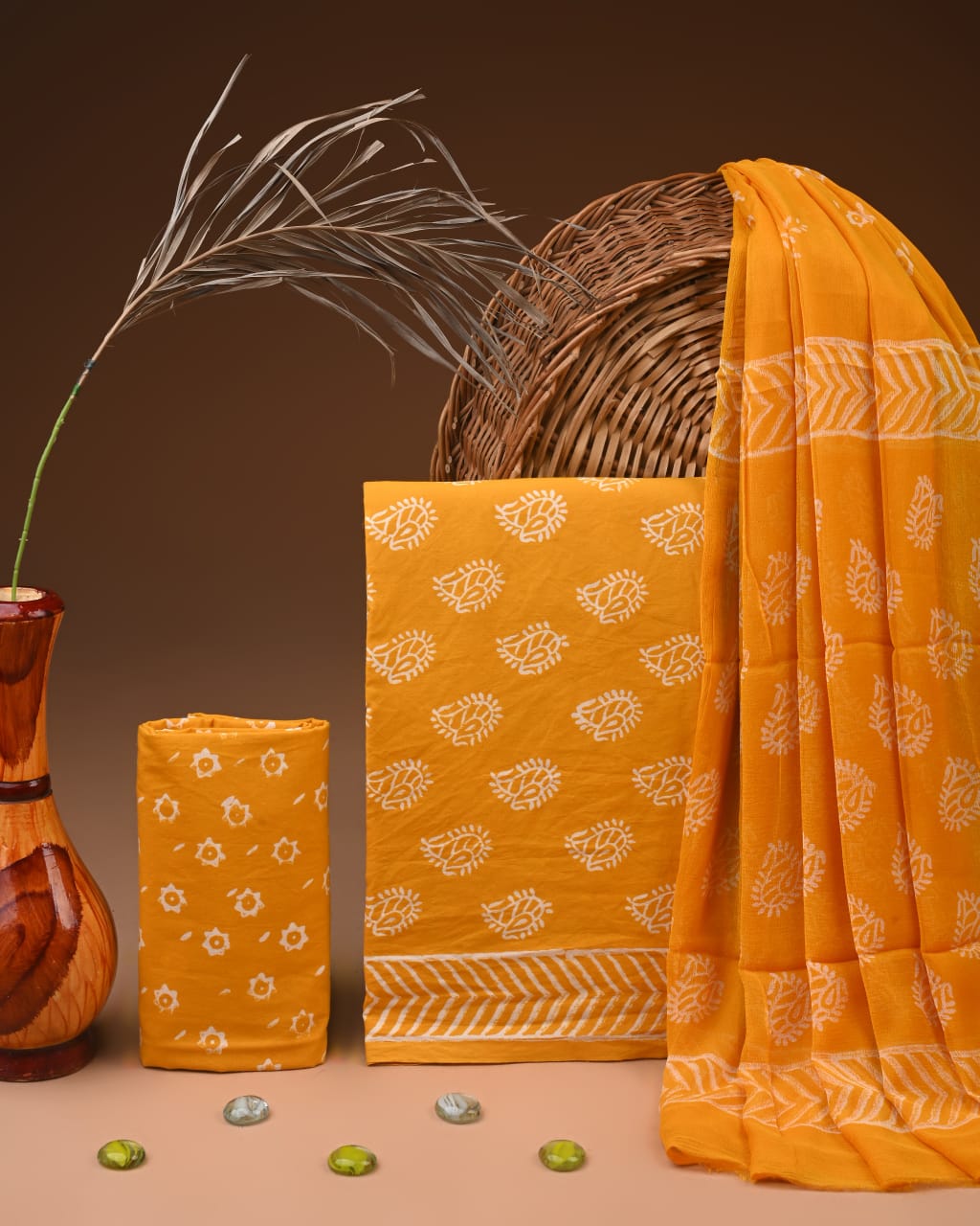 Traditional Bagru Print Cotton Suit with Chiffon Dupatta
