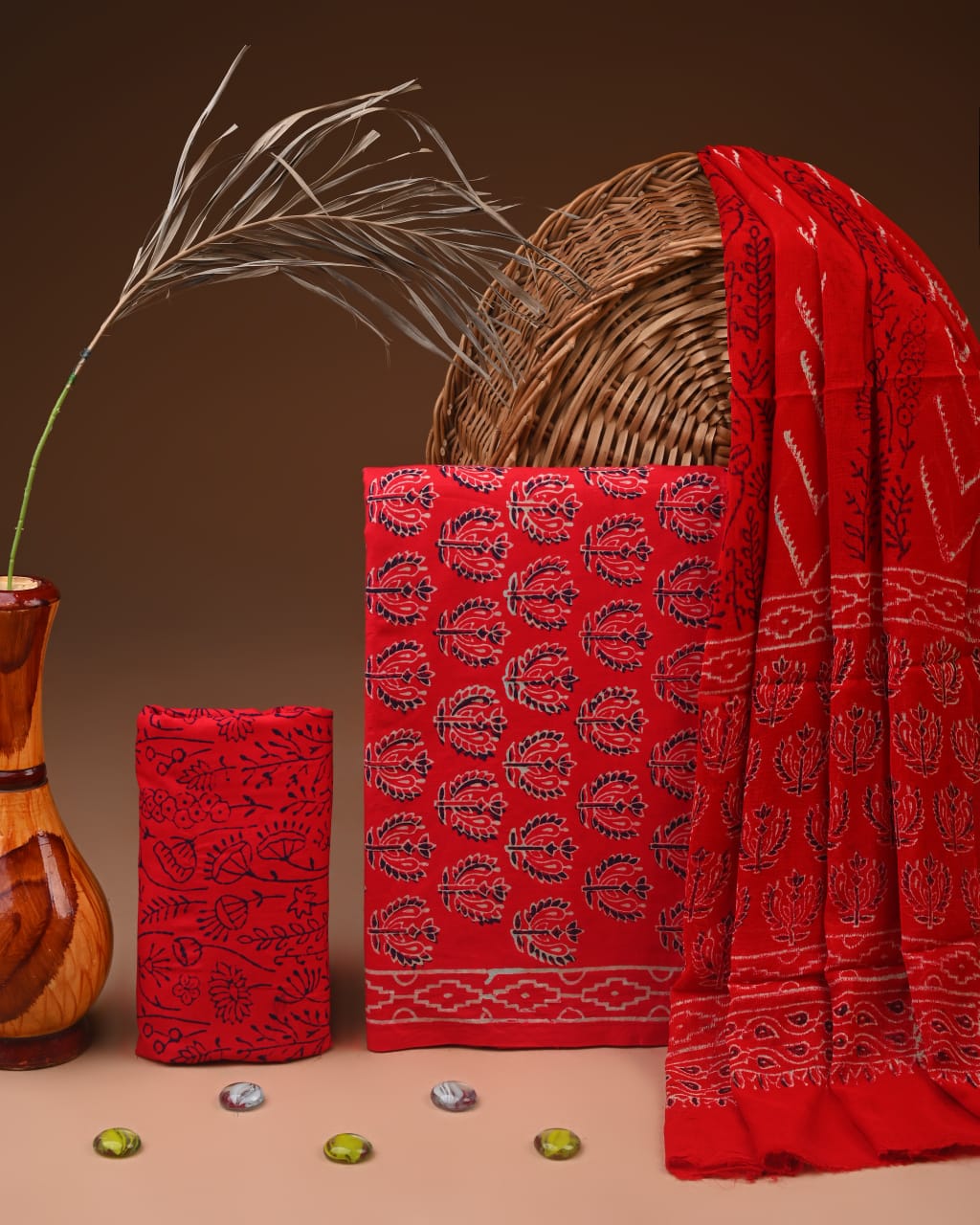 Traditional Bagru Print Cotton Suit with Chiffon Dupatta