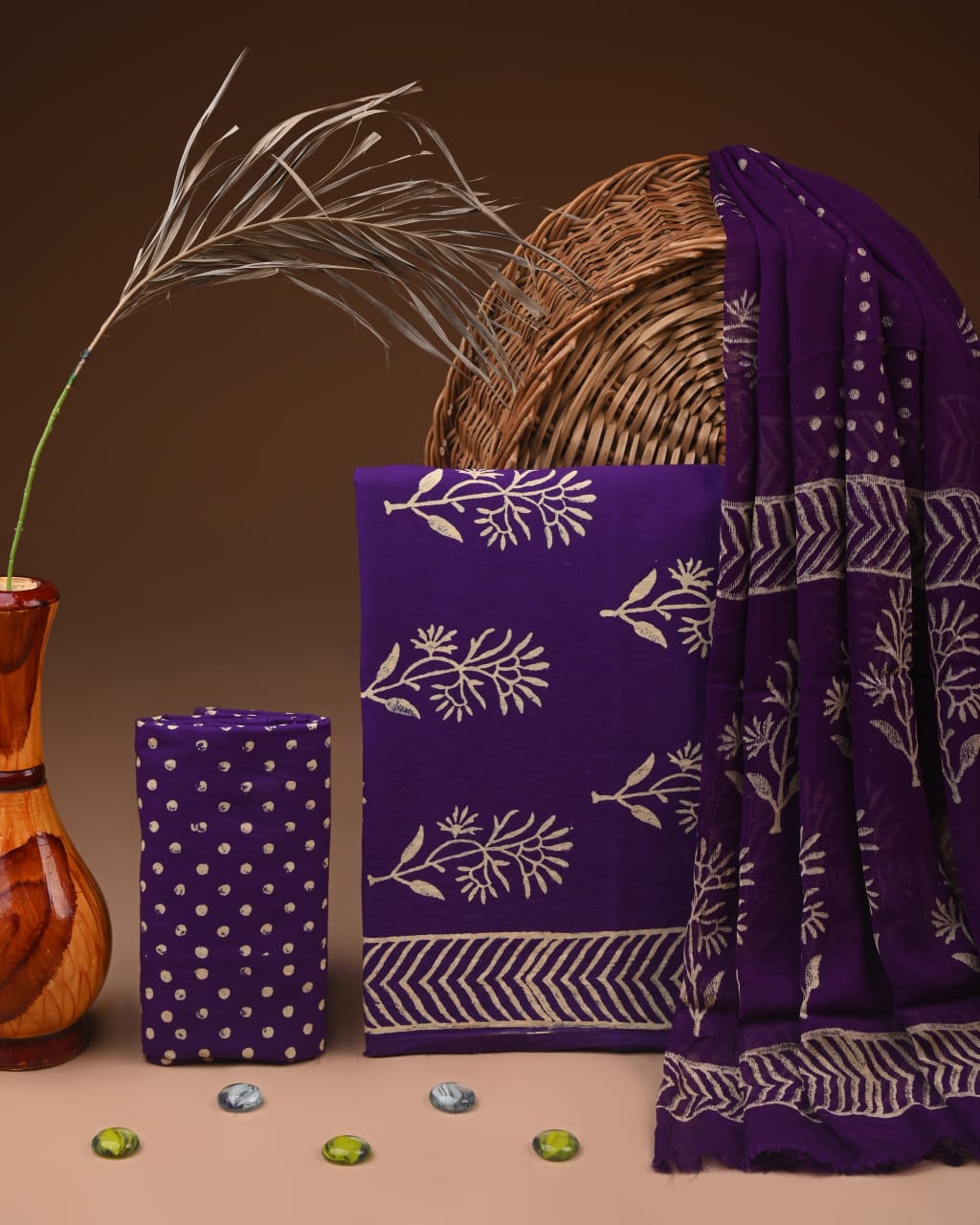 Traditional Bagru Print Cotton Suit with Chiffon Dupatta