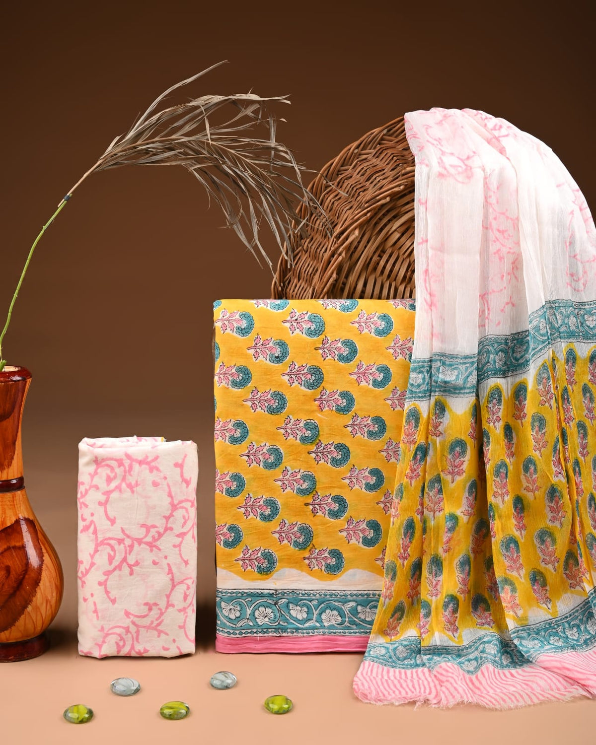 Traditional Bagru Print Cotton Suit with Chiffon Dupatta