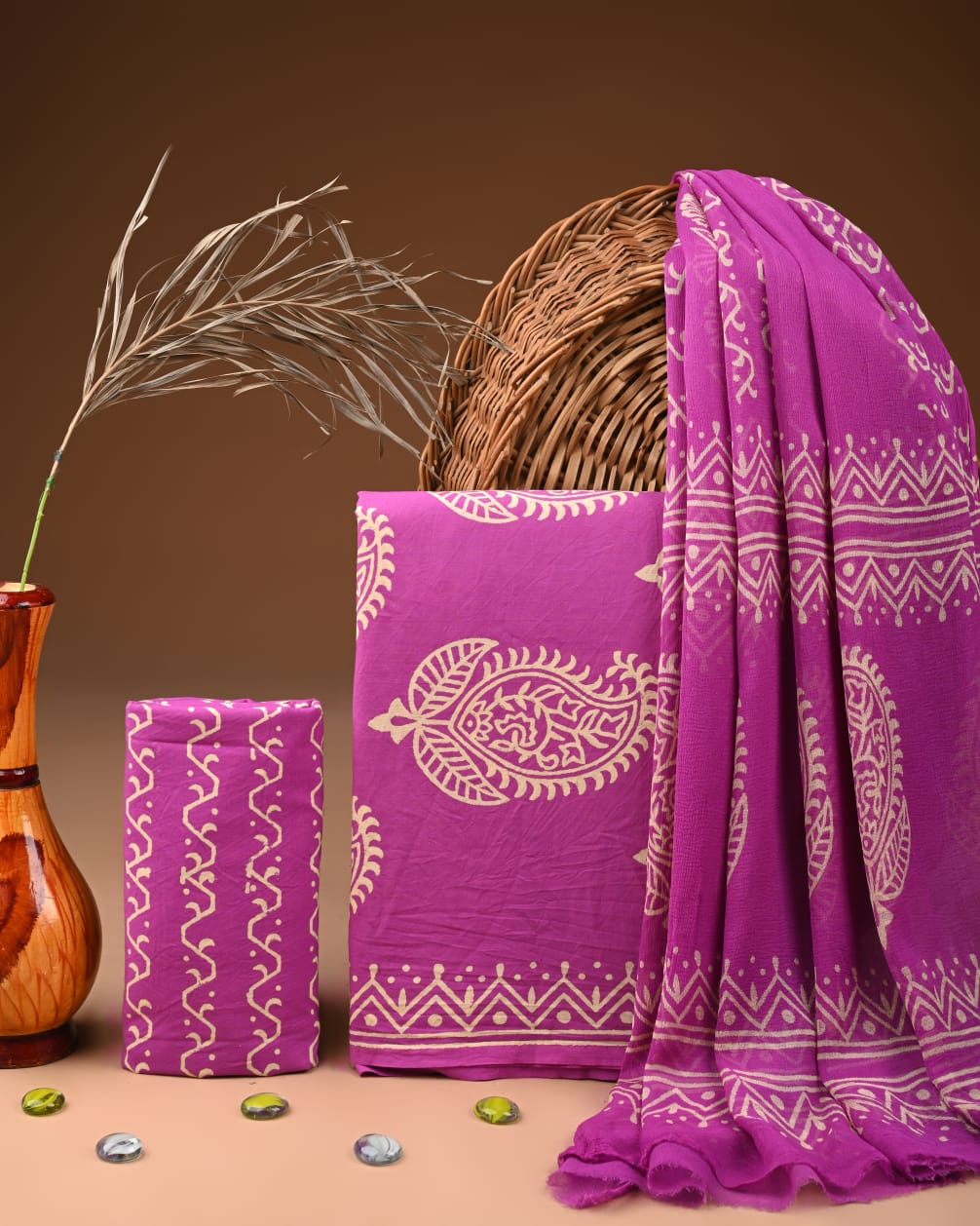 Traditional Bagru Print Cotton Suit with Chiffon Dupatta