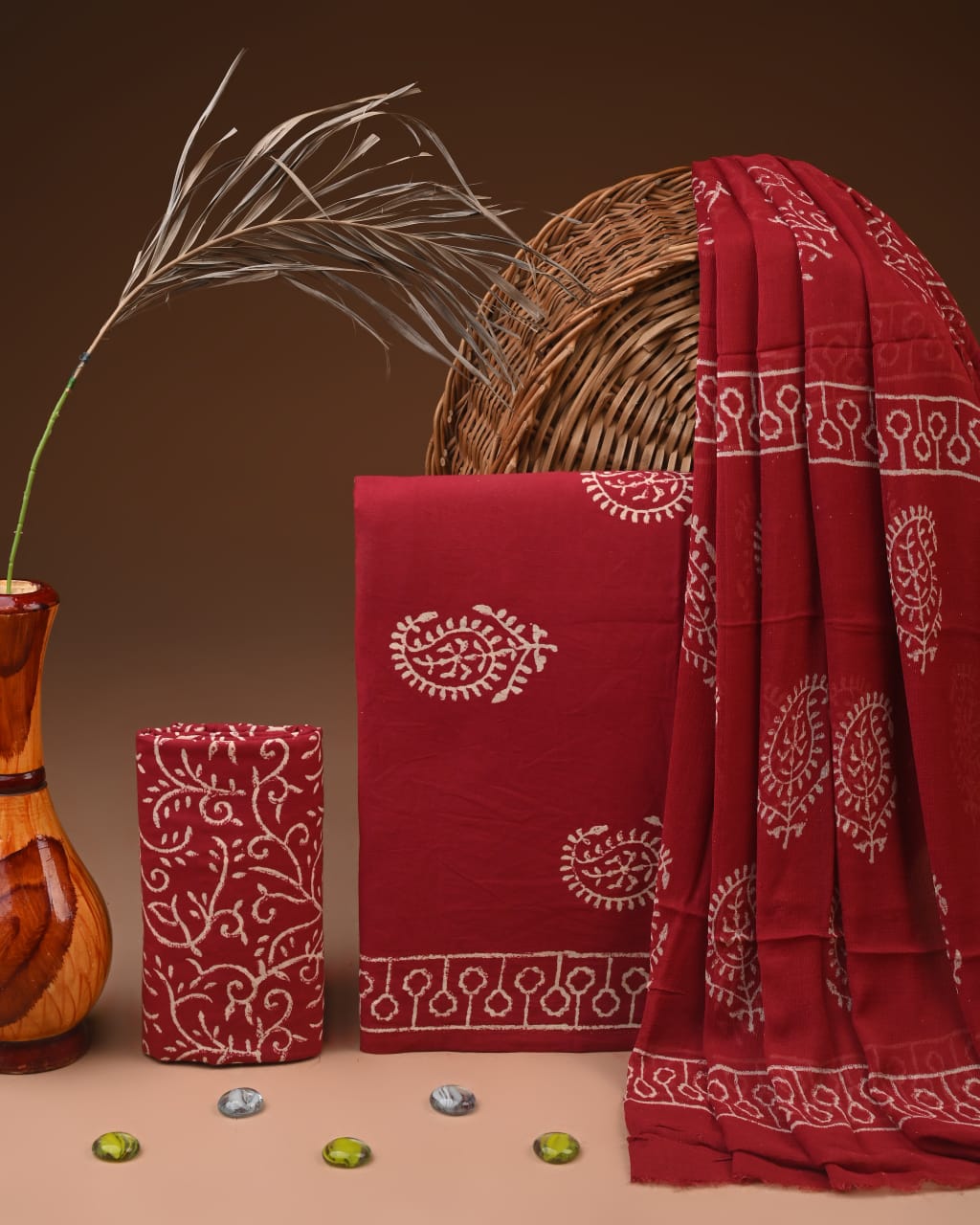 Traditional Bagru Print Cotton Suit with Chiffon Dupatta