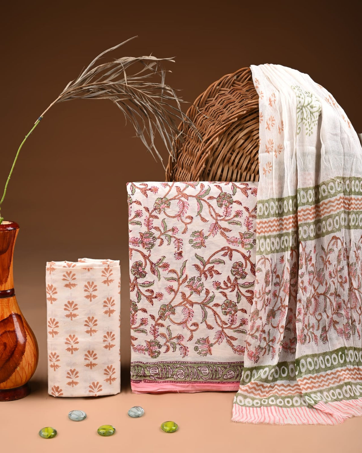 Traditional Bagru Print Cotton Suit with Chiffon Dupatta