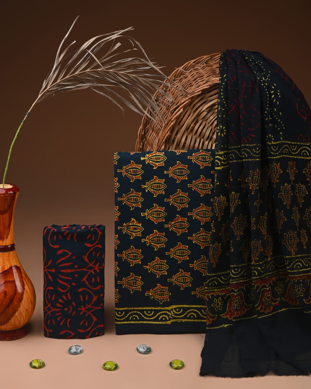 Traditional Bagru Print Cotton Suit with Chiffon Dupatta