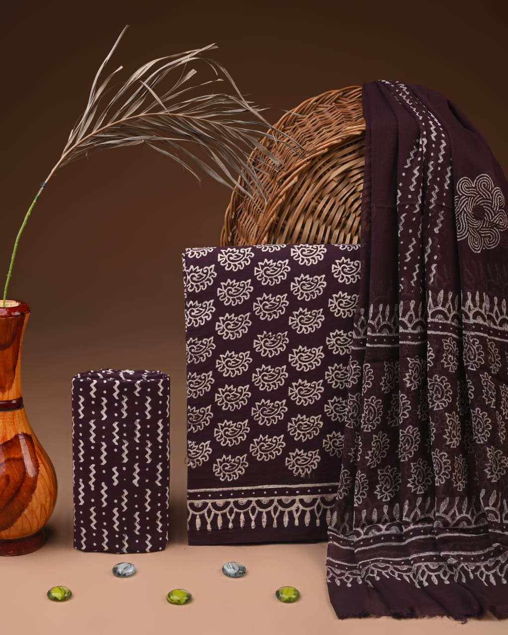 Traditional Bagru Print Cotton Suit with Chiffon Dupatta