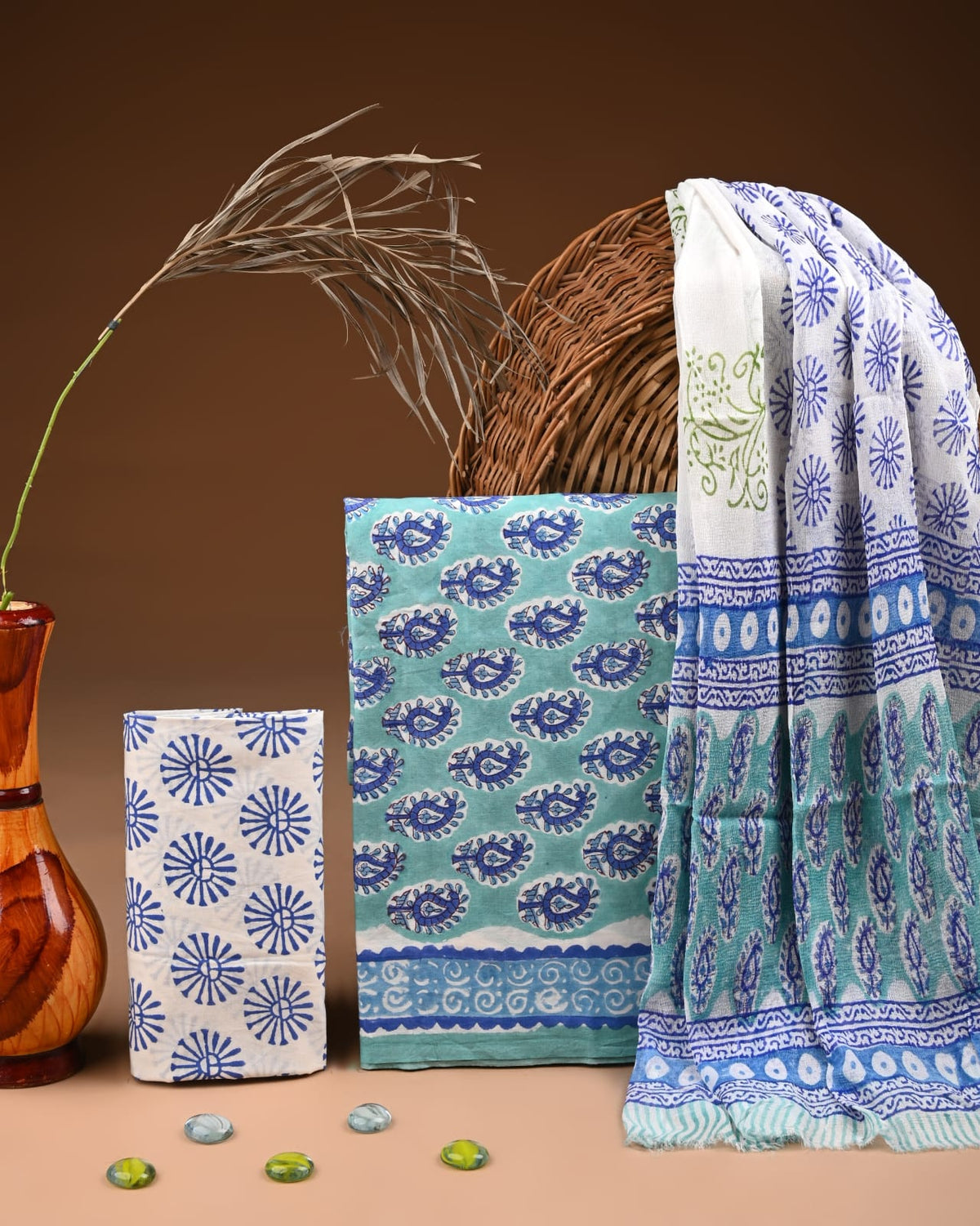 Traditional Bagru Print Cotton Suit with Chiffon Dupatta