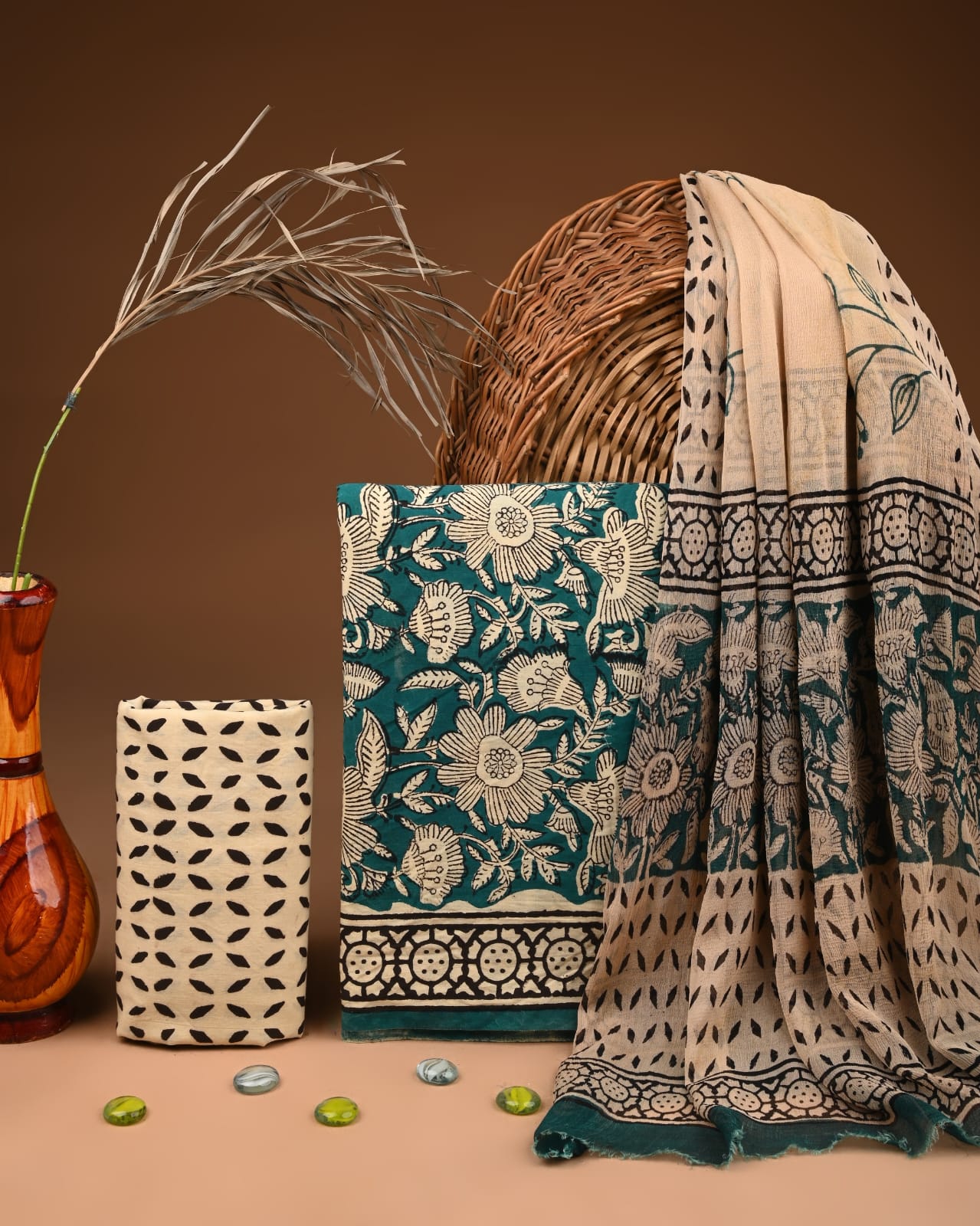 Traditional Bagru Print Cotton Suit with Chiffon Dupatta