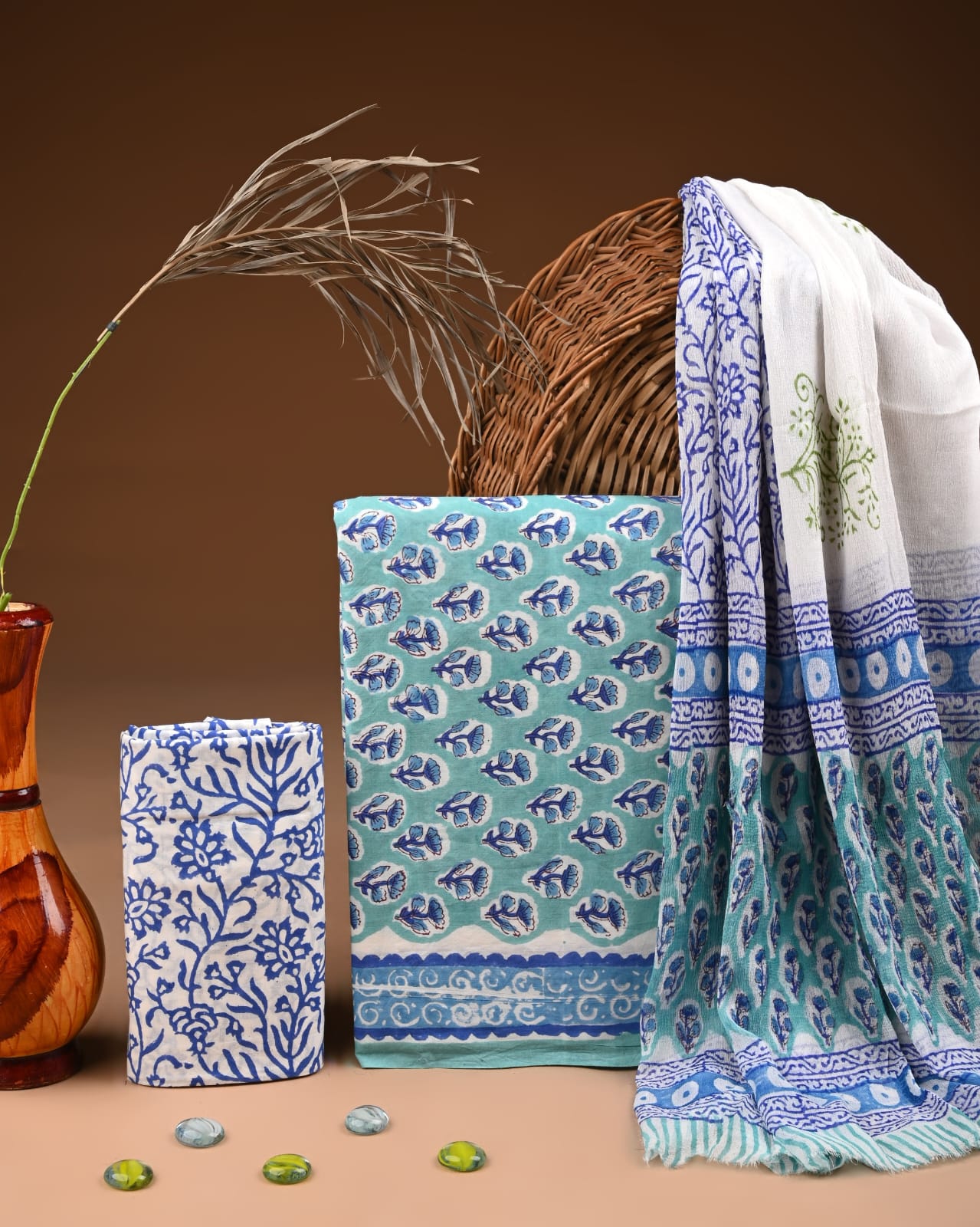 Traditional Bagru Print Cotton Suit with Chiffon Dupatta