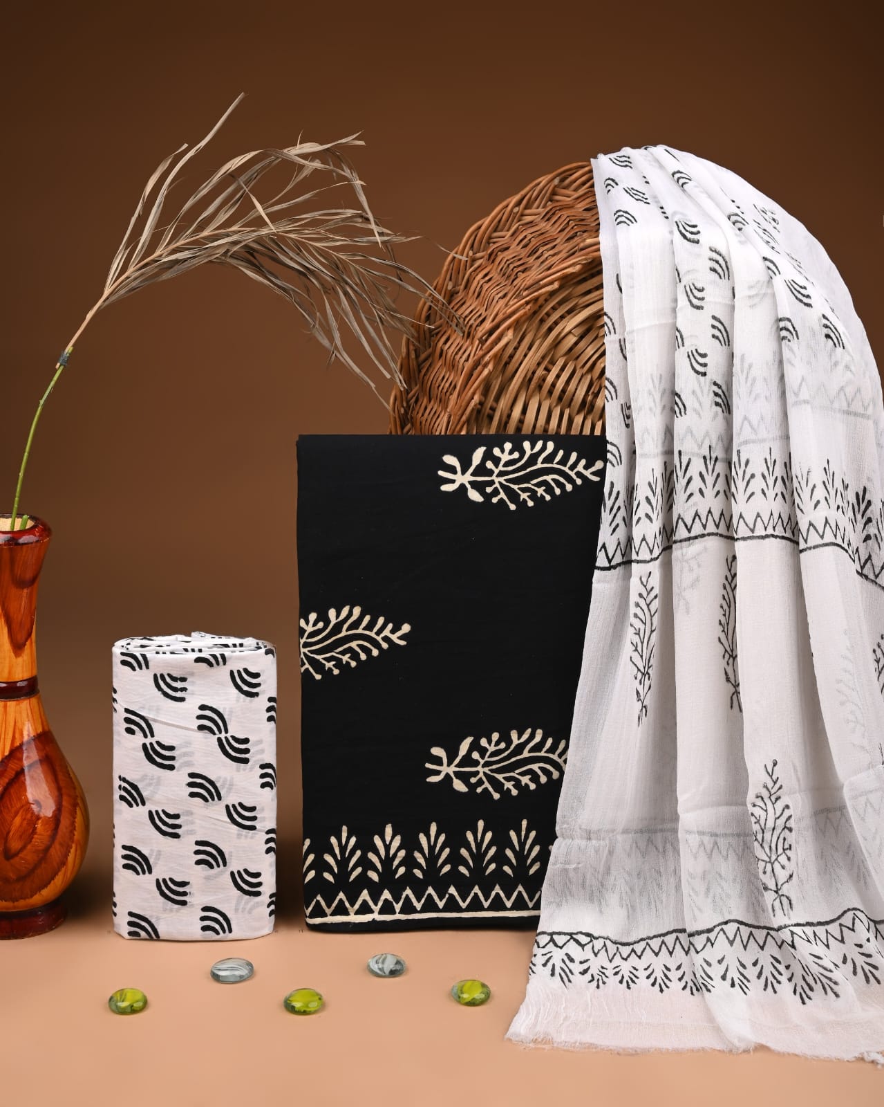 Traditional Bagru Print Cotton Suit with Chiffon Dupatta