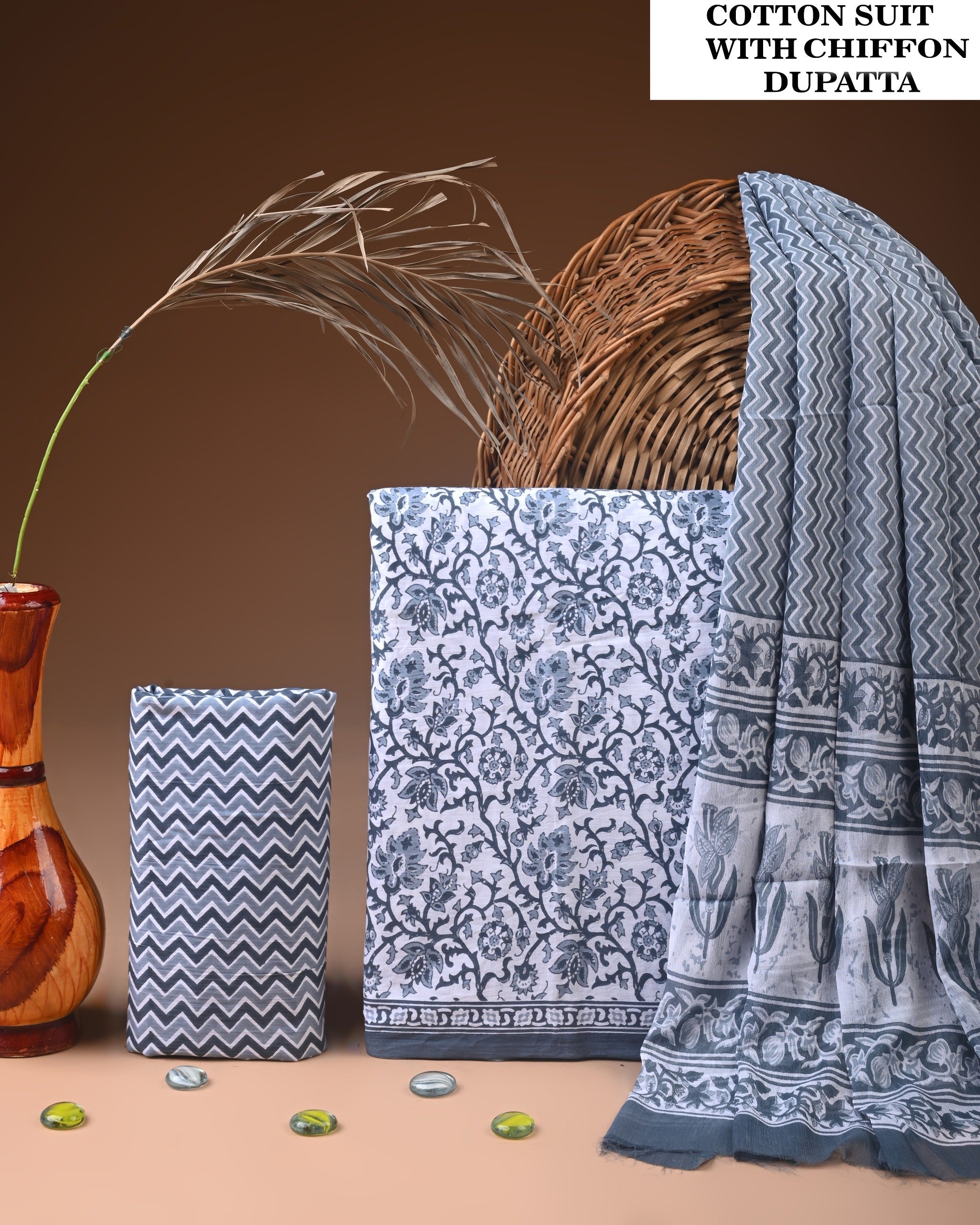 Traditional Bagru Print Cotton Suit with Chiffon Dupatta