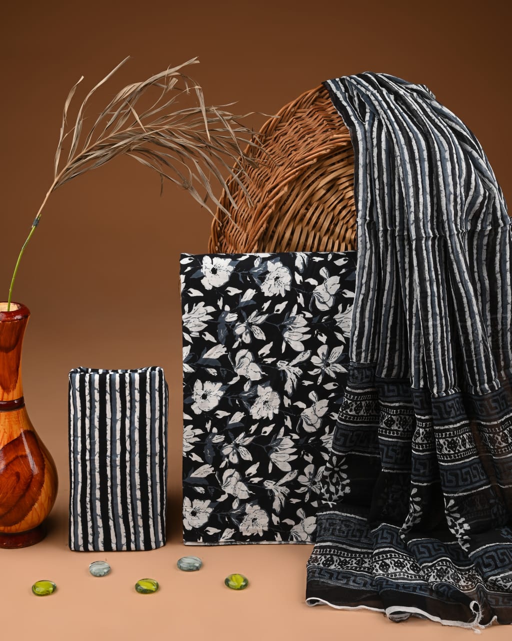 Traditional Bagru Print Cotton Suit with Chiffon Dupatta