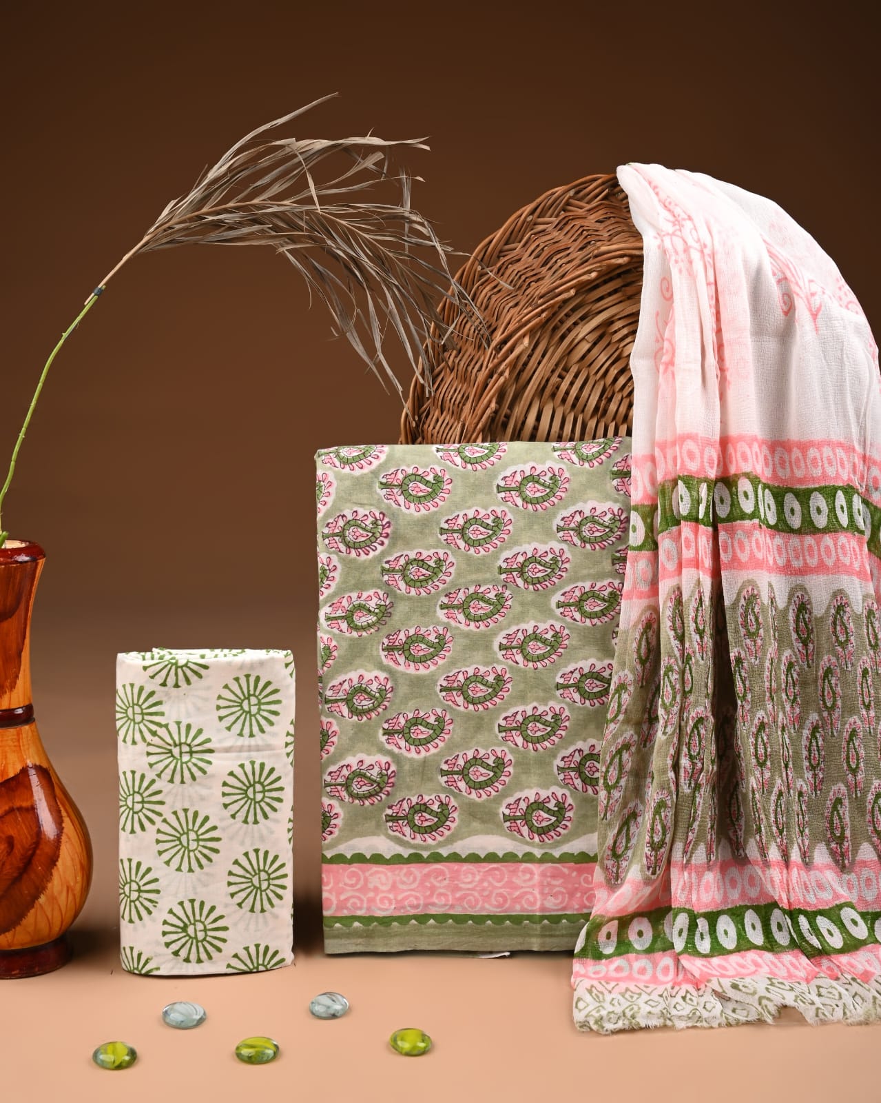 Traditional Bagru Print Cotton Suit with Chiffon Dupatta