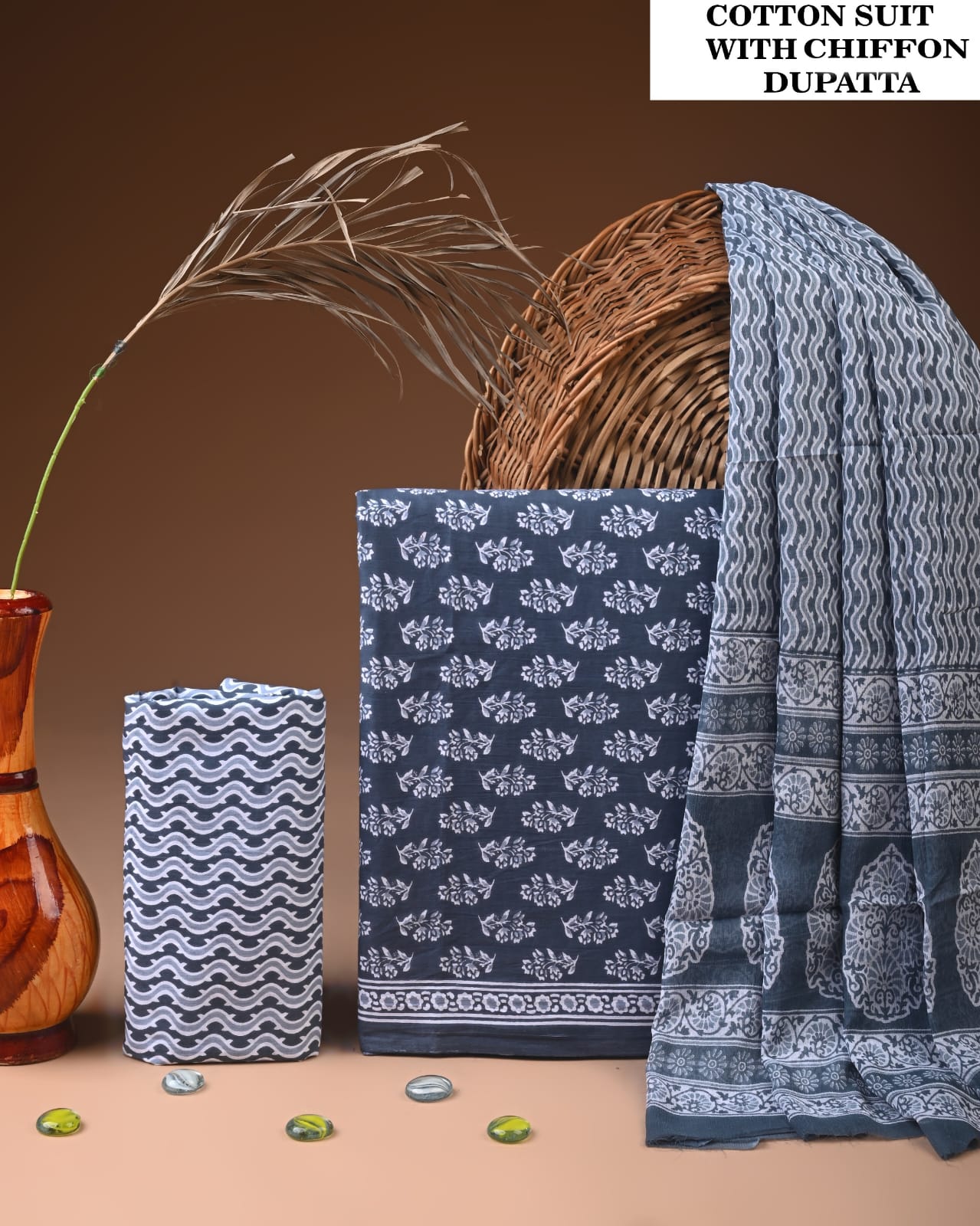 Traditional Bagru Print Cotton Suit with Chiffon Dupatta