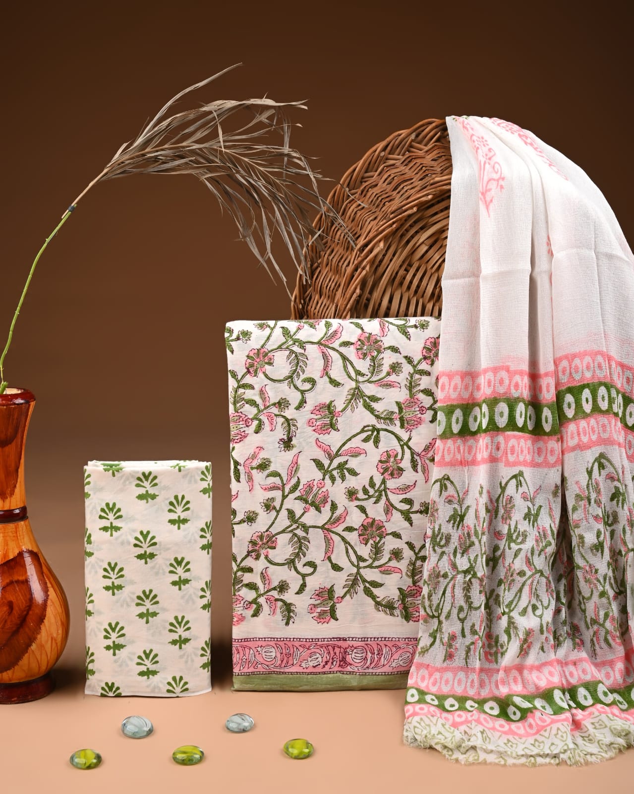 Traditional Bagru Print Cotton Suit with Chiffon Dupatta