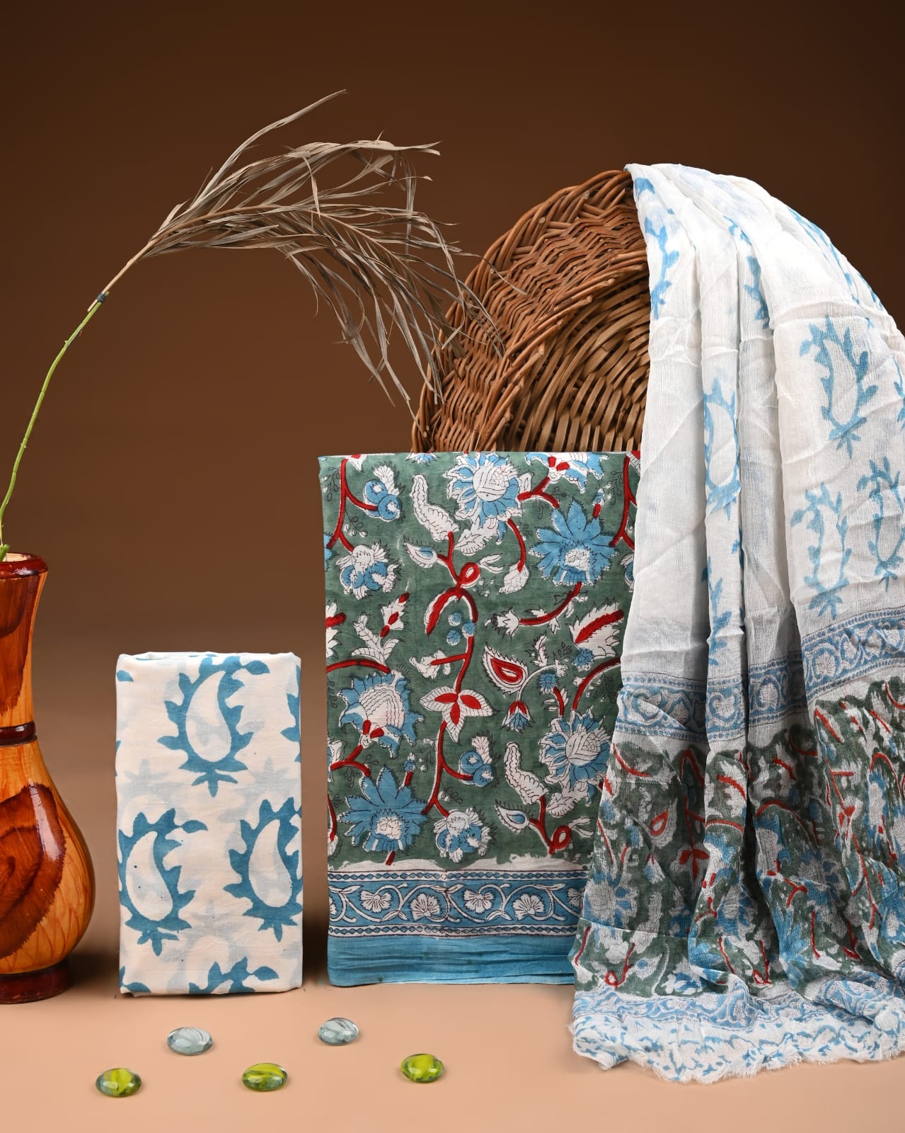 Traditional Bagru Print Cotton Suit with Chiffon Dupatta