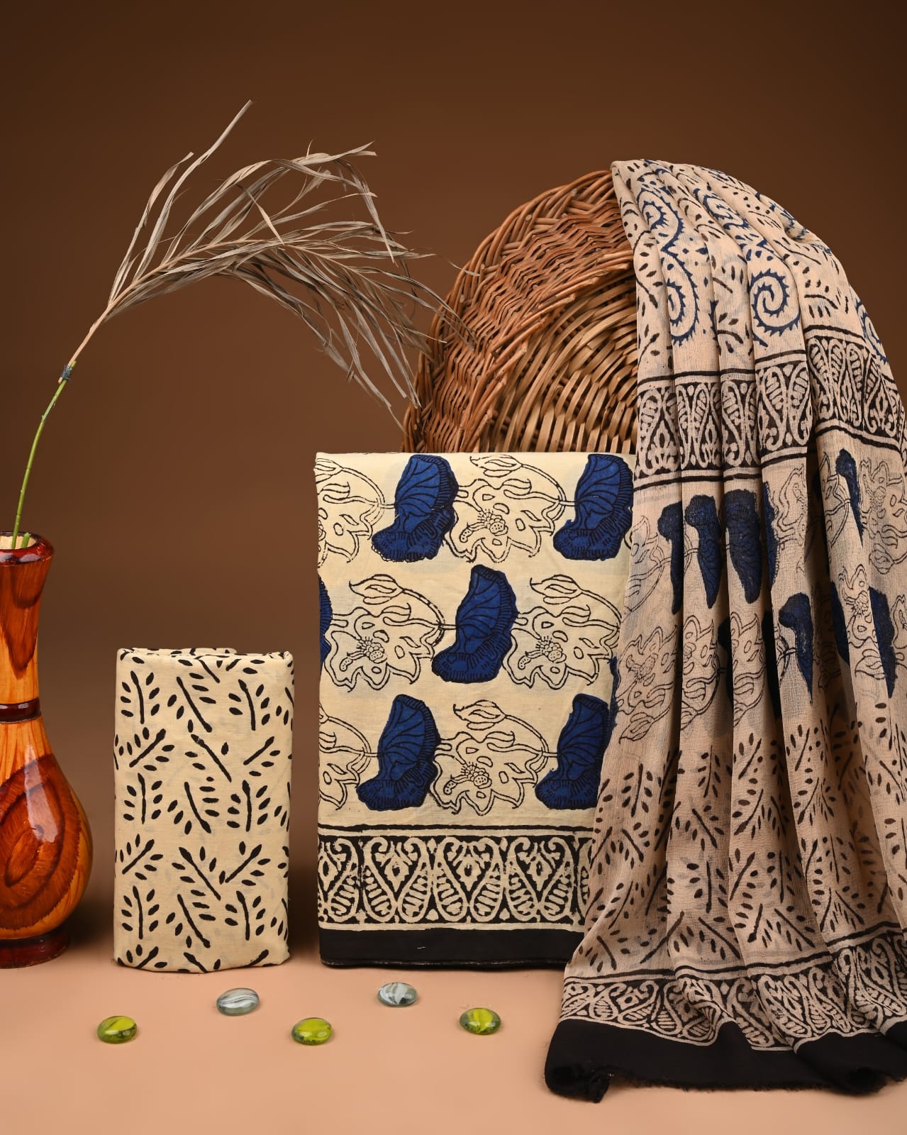 Traditional Bagru Print Cotton Suit with Chiffon Dupatta