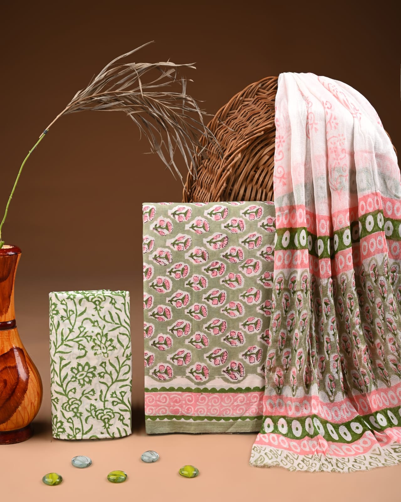 Traditional Bagru Print Cotton Suit with Chiffon Dupatta