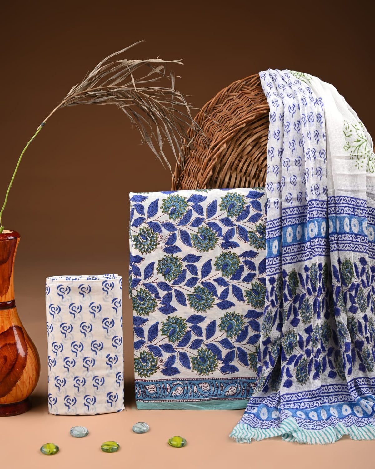 Traditional Bagru Print Cotton Suit with Chiffon Dupatta