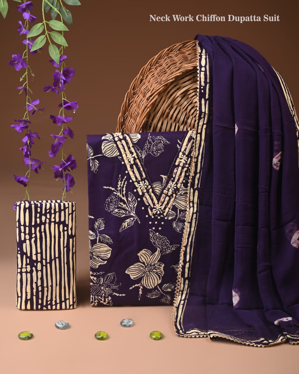 Premium Cotton Suit Set with Multicolor Neck & Zari Chiffon Dupatta (BCTCOTCFG01)