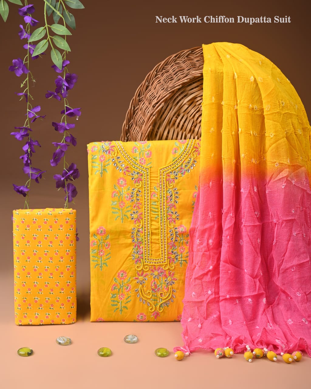 Premium Cotton Suit Set with Multicolor Neck & Zari Chiffon Dupatta (BCTCOTCFG02)