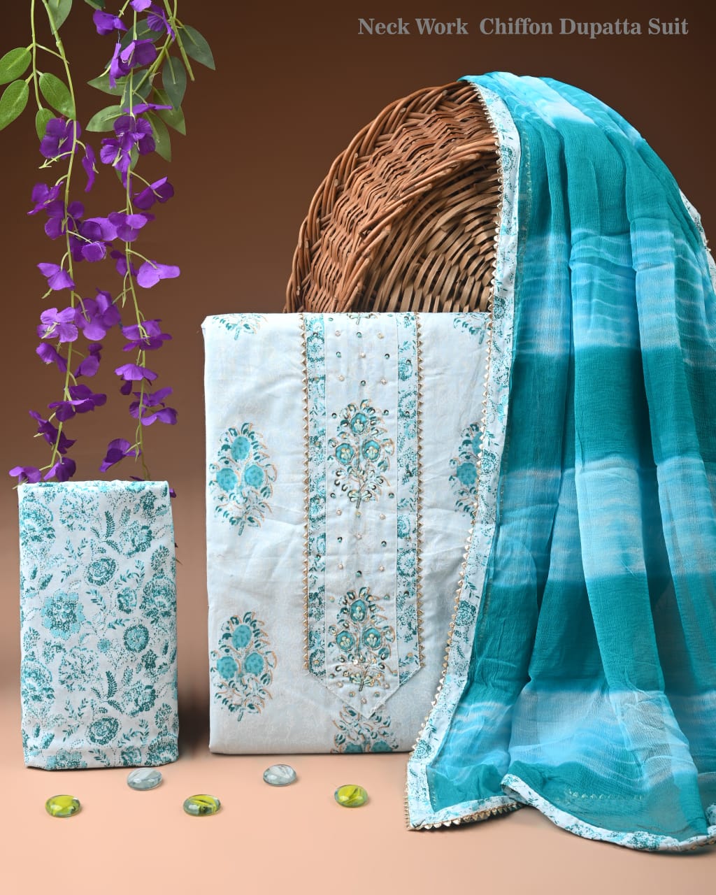 Premium Cotton Suit Set with Multicolor Neck & Zari Chiffon Dupatta (BCTCOTCFG03)