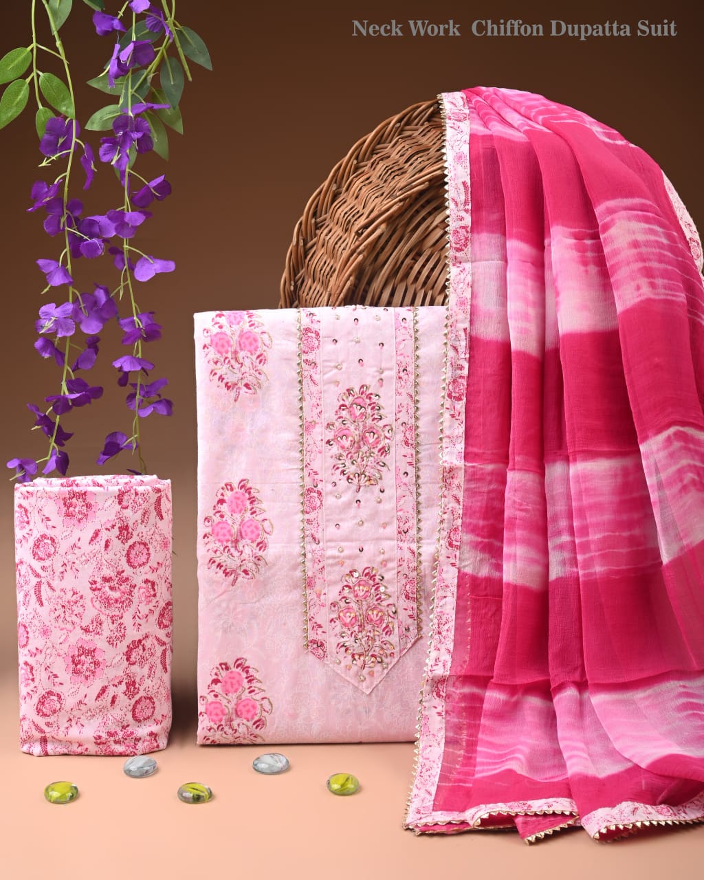 Premium Cotton Suit Set with Multicolor Neck & Zari Chiffon Dupatta (BCTCOTCFG04)