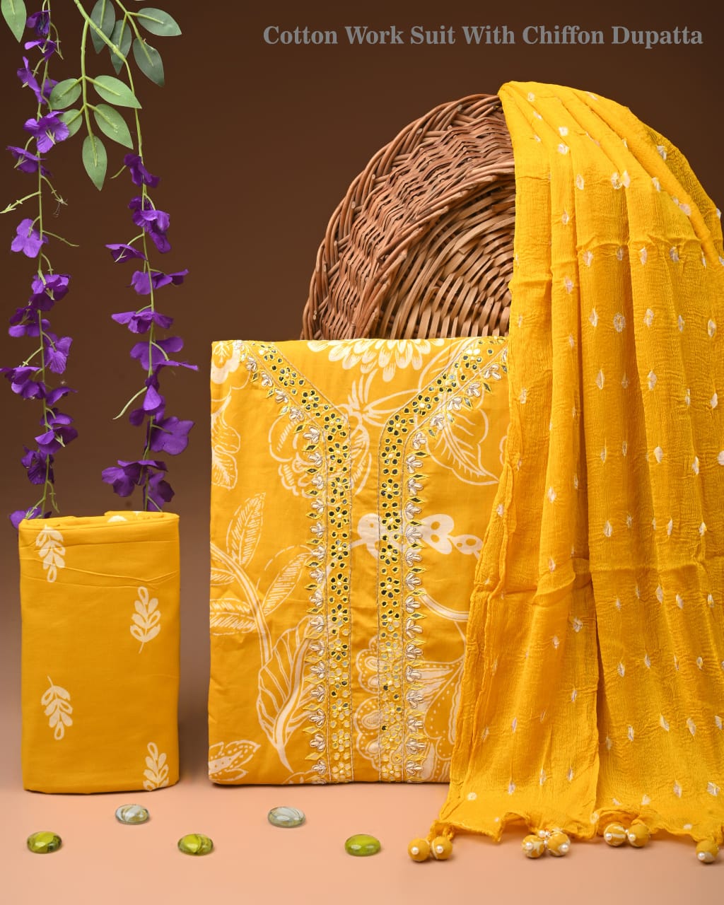 Premium Cotton Suit Set with Multicolor Neck & Zari Chiffon Dupatta (BCTCOTCFG05)