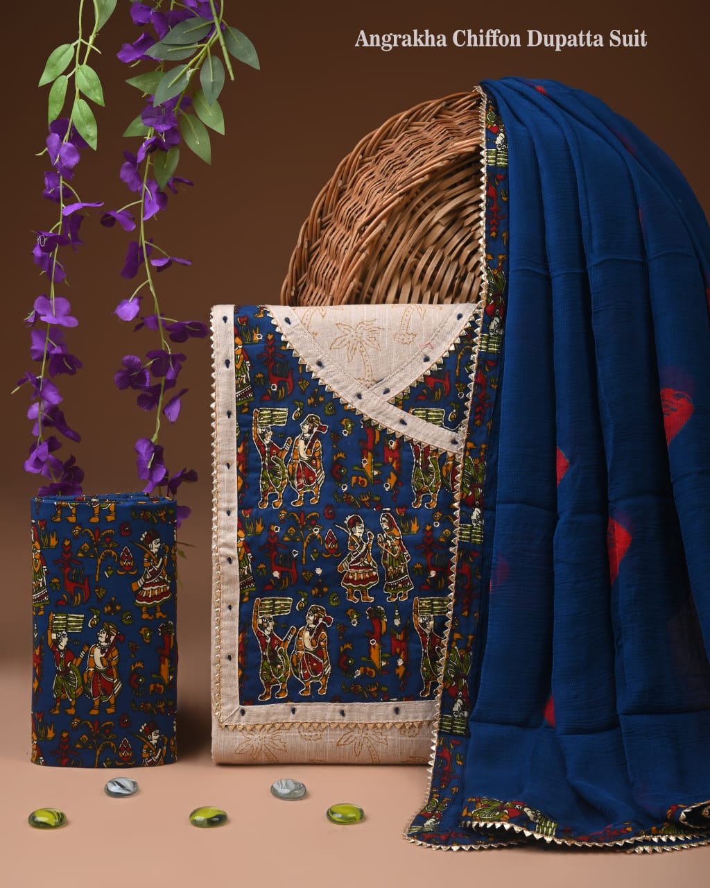 Premium Cotton Suit Set with Multicolor Neck & Zari Chiffon Dupatta (BCTCOTCFG08)