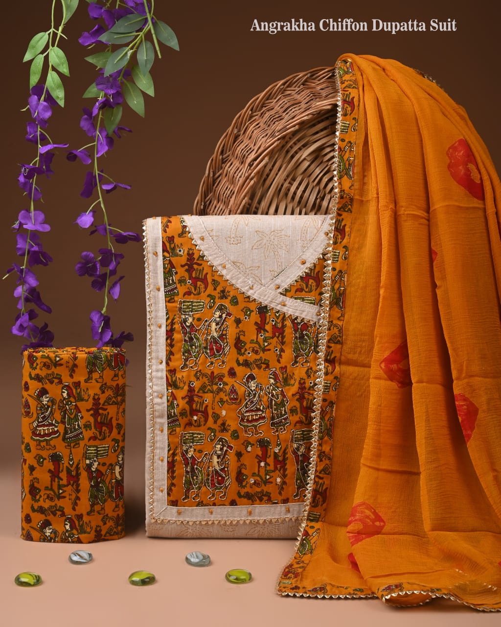 Premium Cotton Suit Set with Multicolor Neck & Zari Chiffon Dupatta (BCTCOTCFG07)