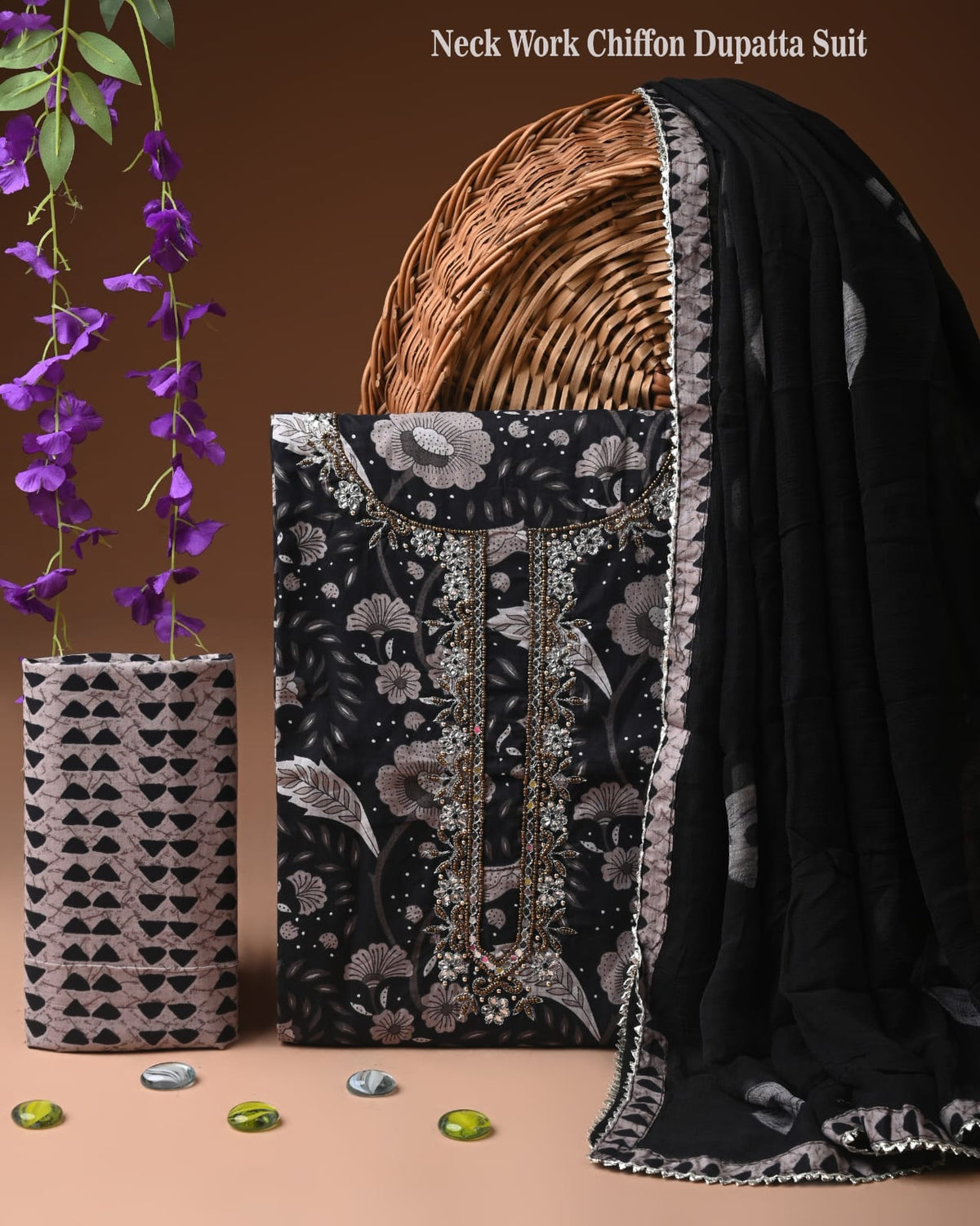 Premium Cotton Suit Set with Multicolor Neck & Zari Chiffon Dupatta (BCTCOTCFG09)