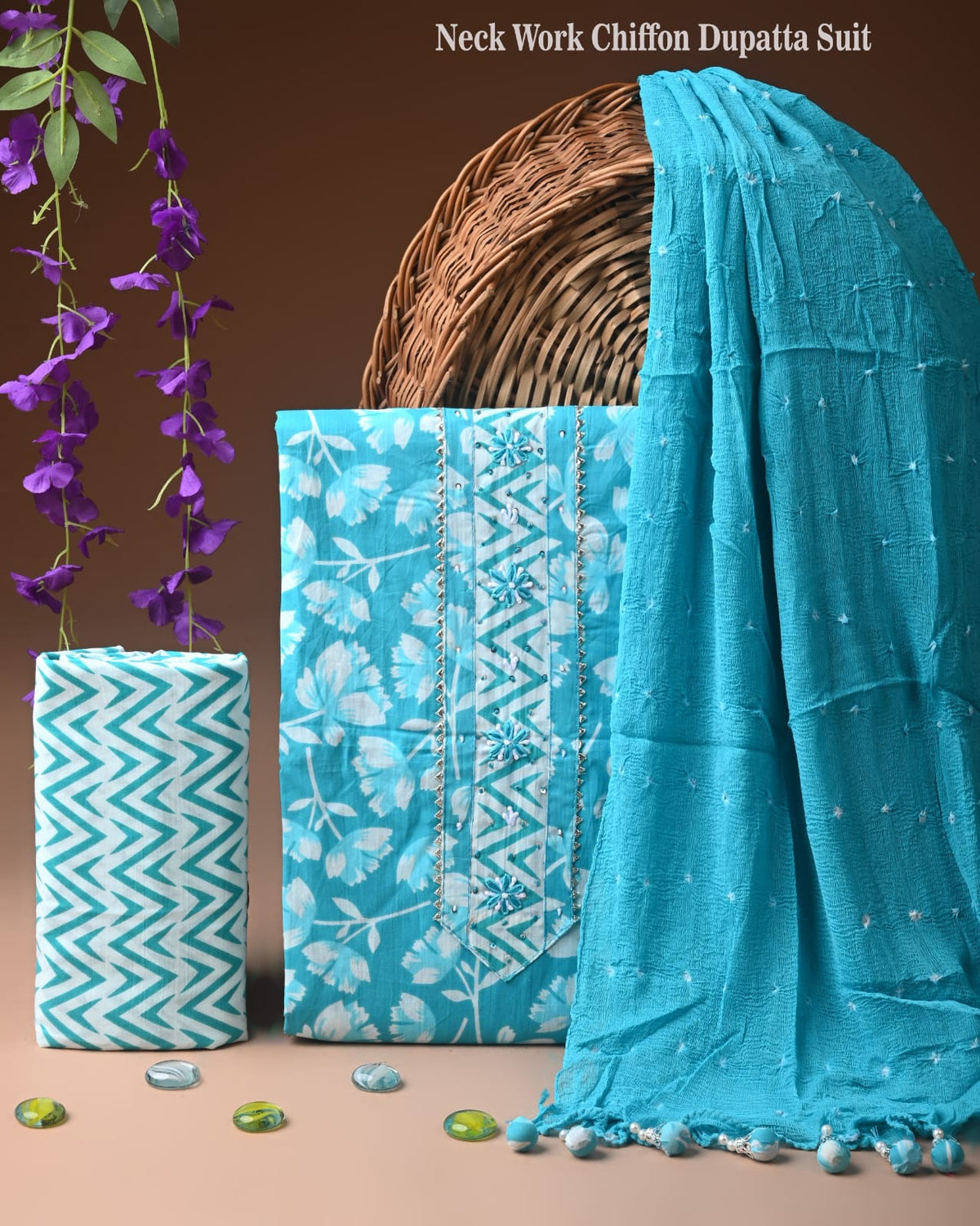 Premium Cotton Suit Set with Multicolor Neck & Zari Chiffon Dupatta (BCTCOTCFG10)