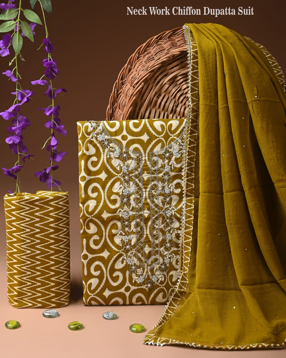 Premium Cotton Suit Set with Neck & Zari Chiffon Dupatta (BCTCOTCFG12)