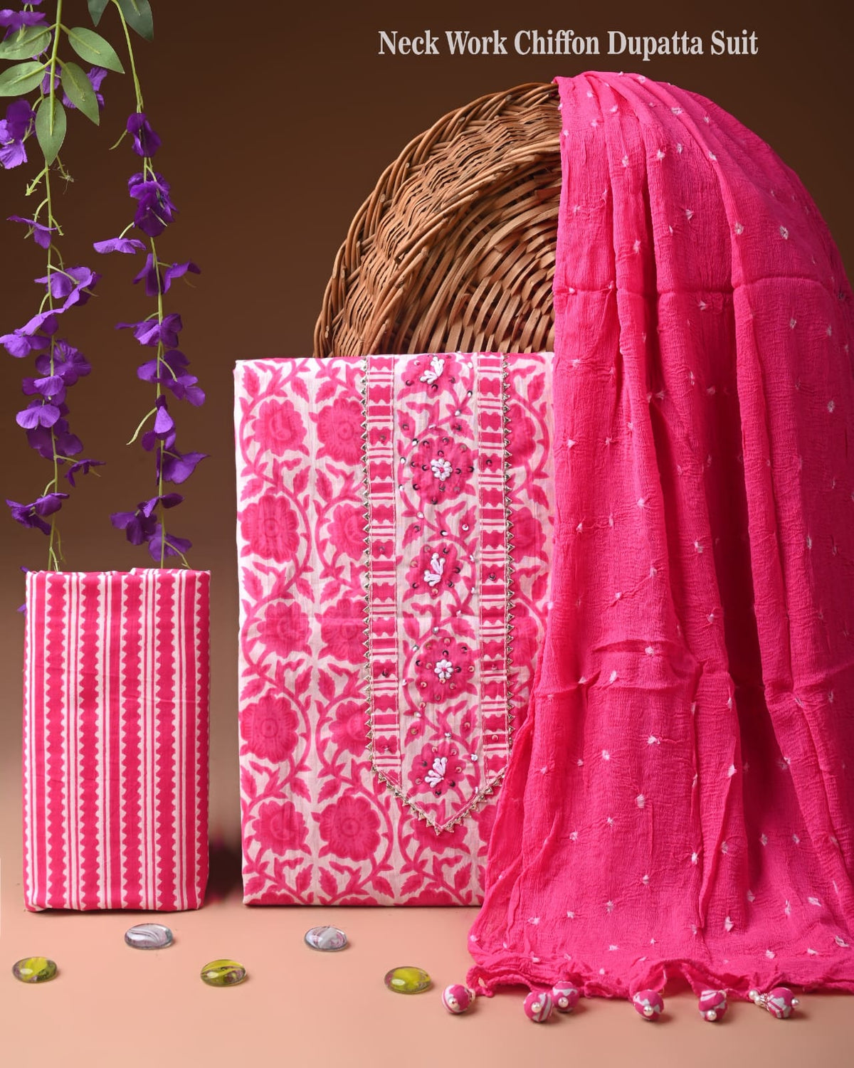 Premium Cotton Suit Set with Neck & Zari Chiffon Dupatta (BCTCOTCFG13)