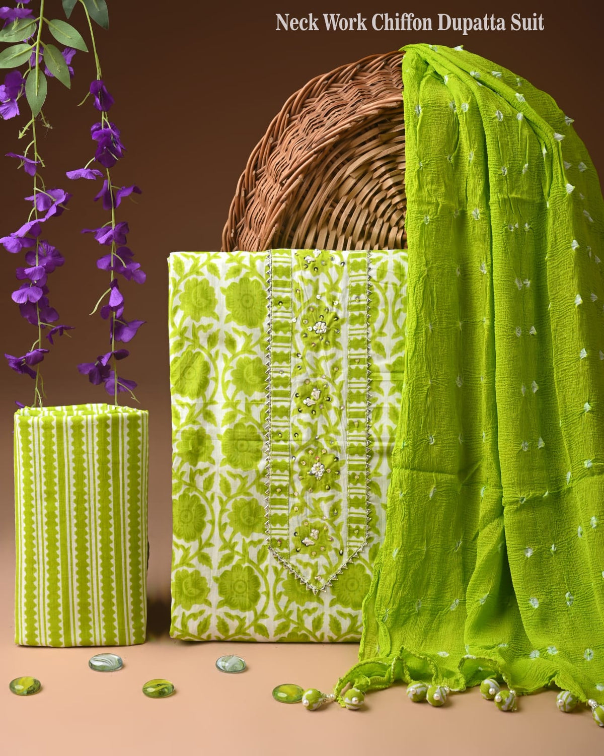 Premium Cotton Suit Set with Neck & Zari Chiffon Dupatta (BCTCOTCFG14)
