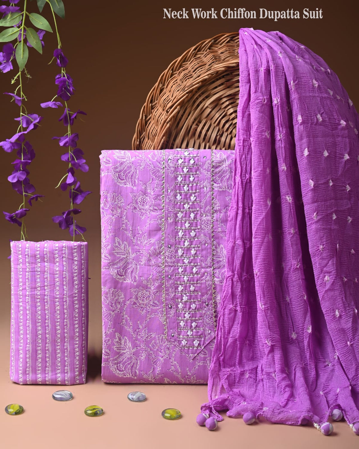 Premium Cotton Suit Set with Neck & Zari Chiffon Dupatta (BCTCOTCFG15)