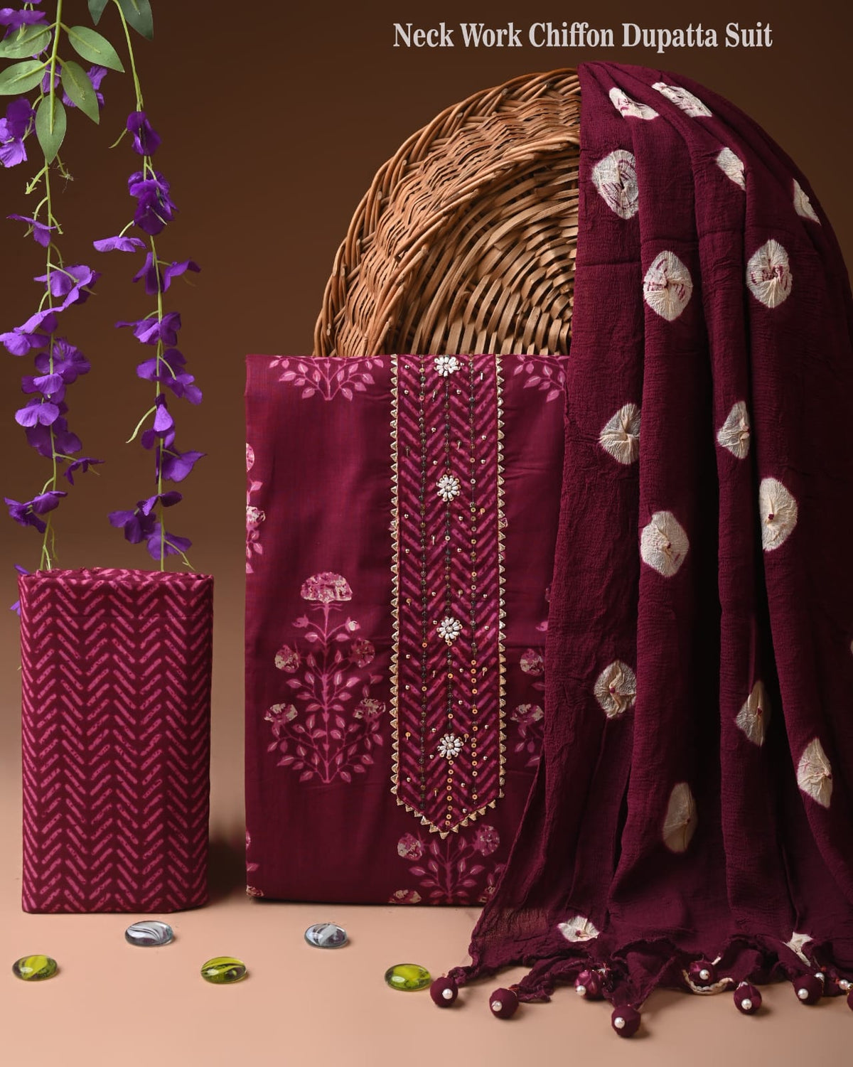 Premium Cotton Suit Set with Neck & Zari Chiffon Dupatta (BCTCOTCFG18)