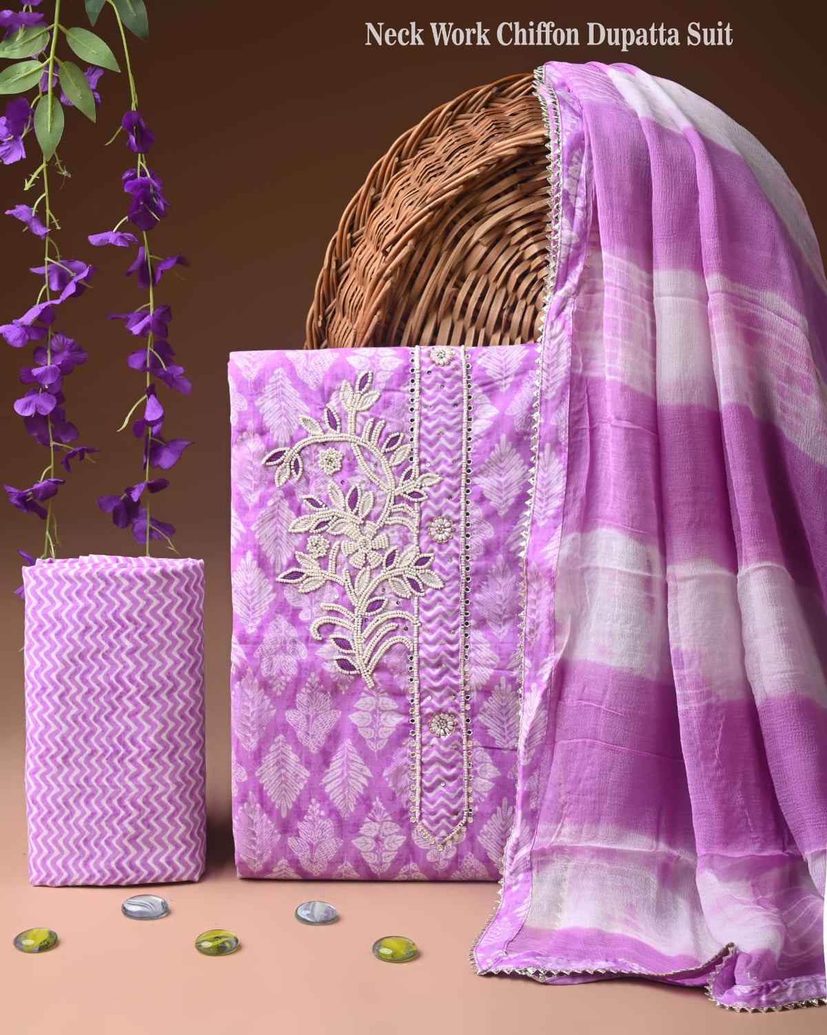Premium Cotton Suit Set with Neck & Zari Chiffon Dupatta (BCTCOTCFG19)