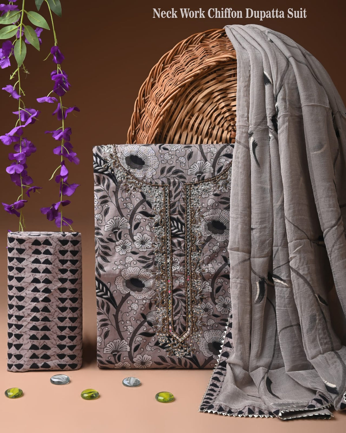 Premium Cotton Suit Set with Neck & Zari Chiffon Dupatta (BCTCOTCFG20)