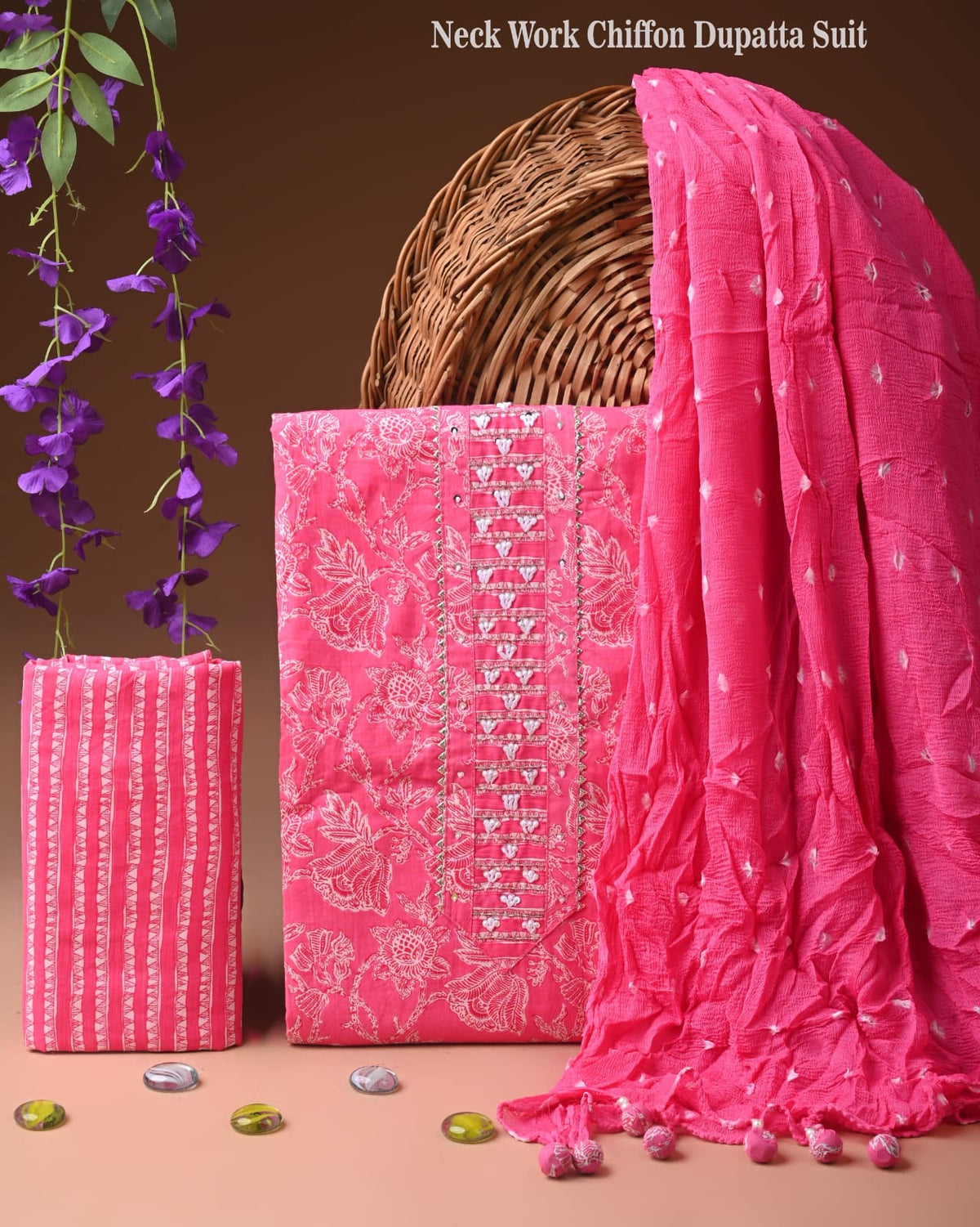Premium Cotton Suit Set with Neck & Zari Chiffon Dupatta (BCTCOTCFG21)
