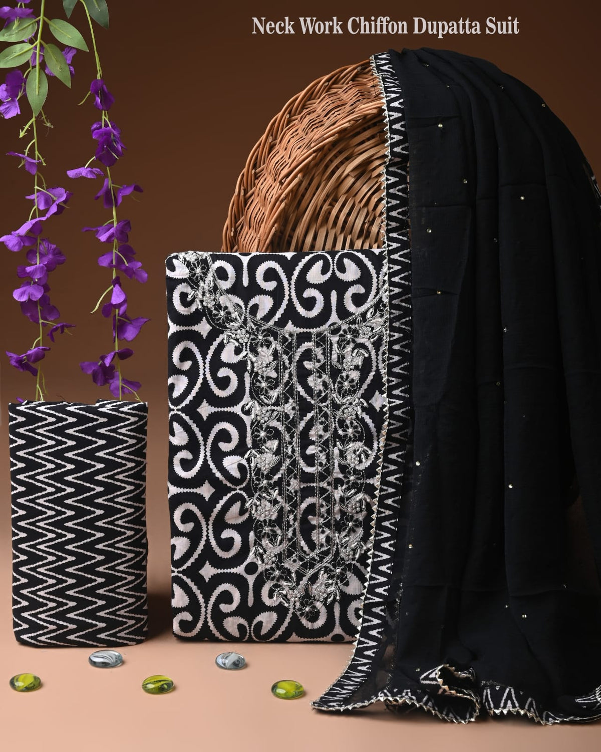 Premium Cotton Suit Set with Multicolor Neck & Zari Chiffon Dupatta (BCTCOTCFG22)