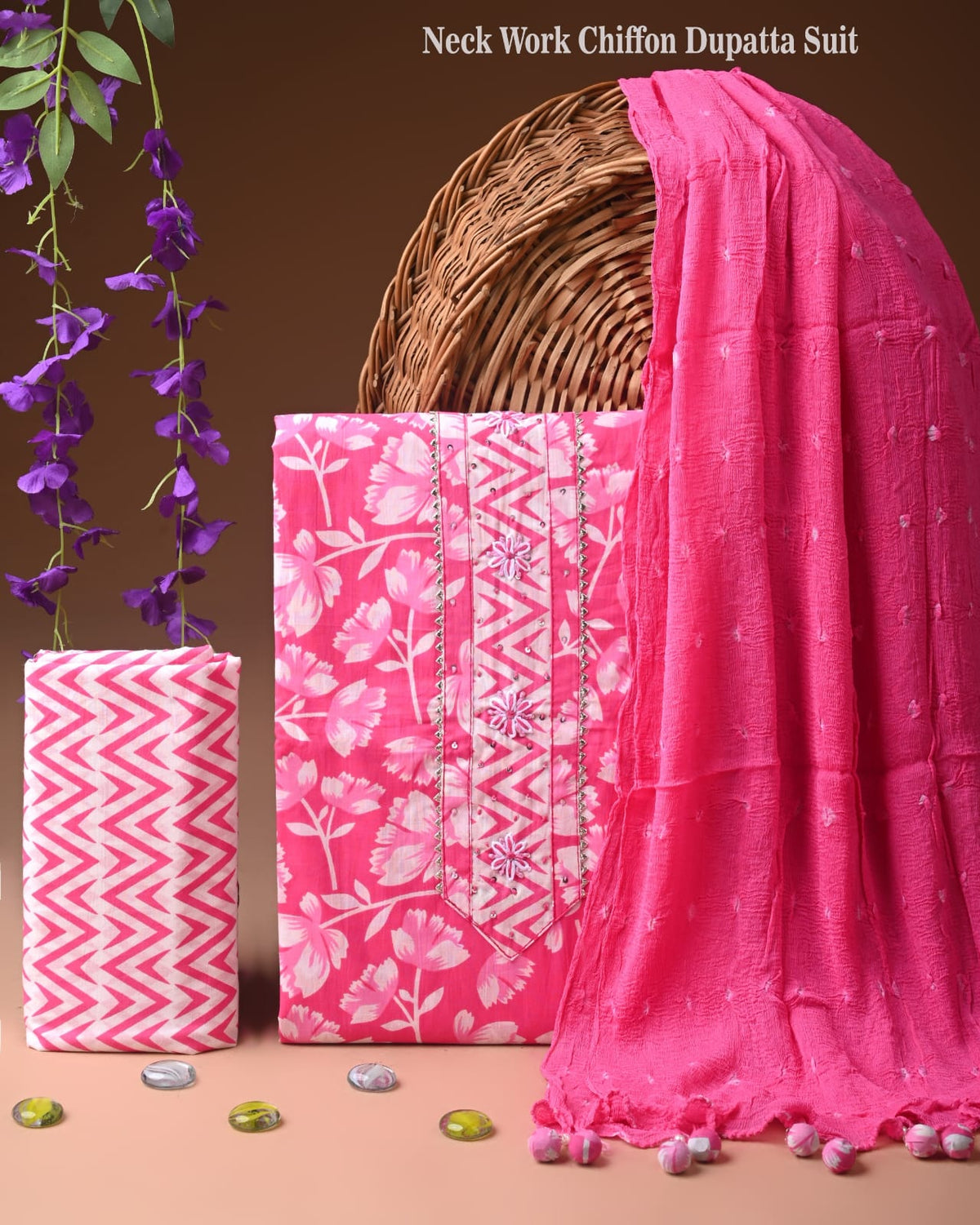 Premium Cotton Suit Set with Multicolor Neck & Zari Chiffon Dupatta (BCTCOTCFG23)