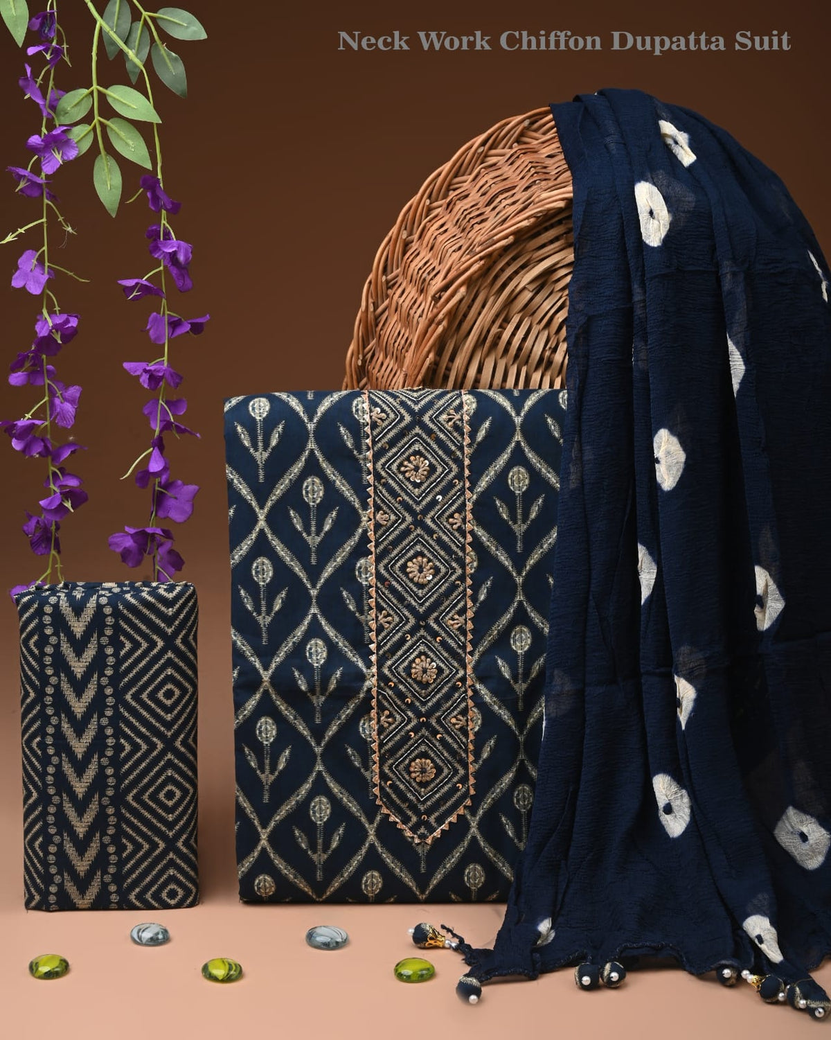 Premium Cotton Suit Set with Multicolor Neck & Zari Chiffon Dupatta (BCTCOTCFG24)