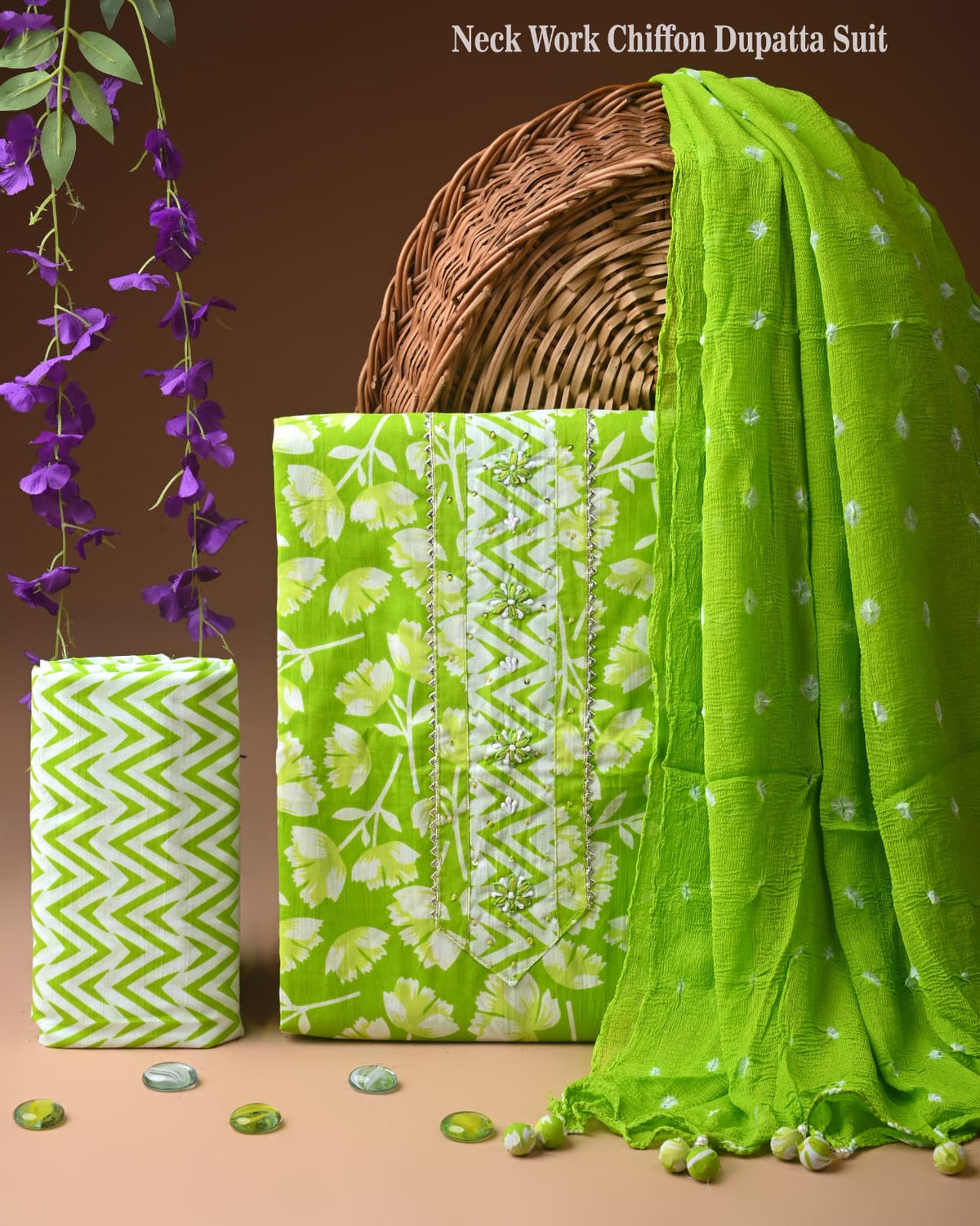 Premium Cotton Suit Set with Multicolor Neck & Zari Chiffon Dupatta (BCTCOTCFG25)
