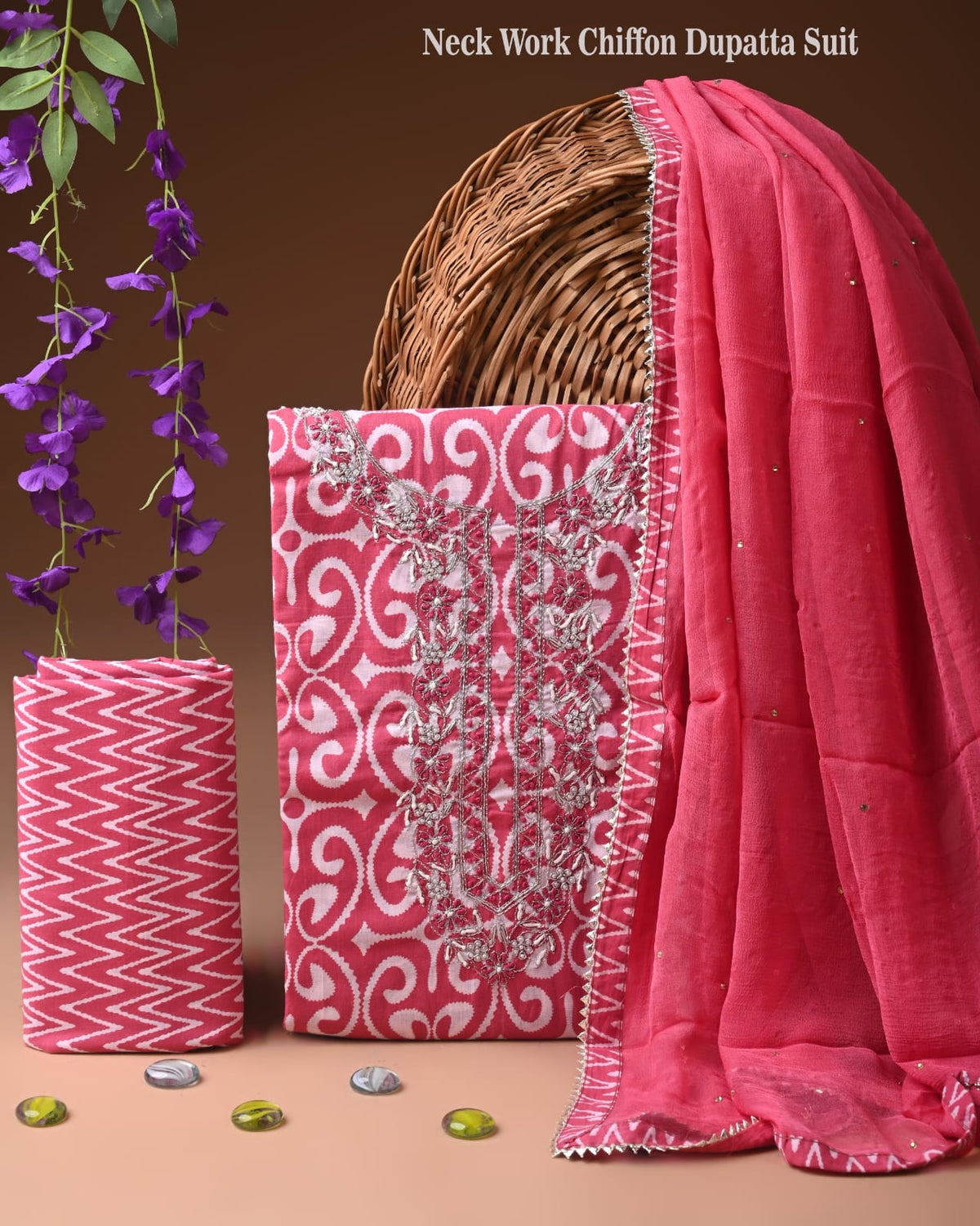 Premium Cotton Suit Set with Multicolor Neck & Zari Chiffon Dupatta (BCTCOTCFG25)